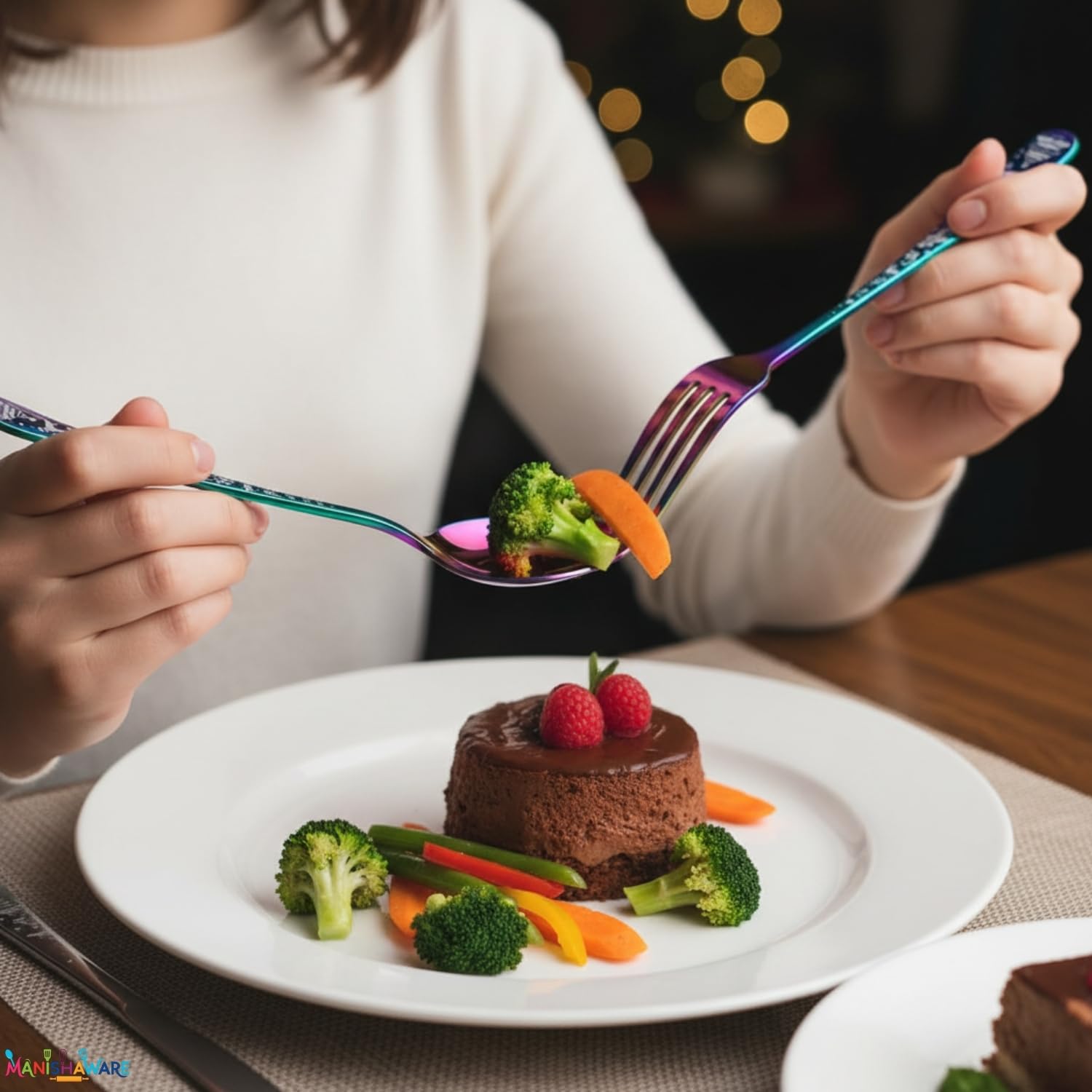 Manishaware Christmas Rainbow 10 Pcs Stainless Steel Cutlery Set for Dining Table, Dishwasher Safe Glossy Flatware (2 spoon set+2 forks set+2 Butter knife+2 Dessert Spoon+ 2 Fruit Fork)