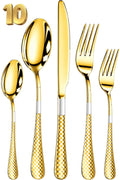 Manishaware Checkered Gold 10 Pcs Stainless Steel Cutlery Set for Dining Table, Dishwasher Safe Glossy Flatware (2 spoon set+2 forks set+2 Butter knife+2 Dessert Spoon+ 2 Fruit Fork)