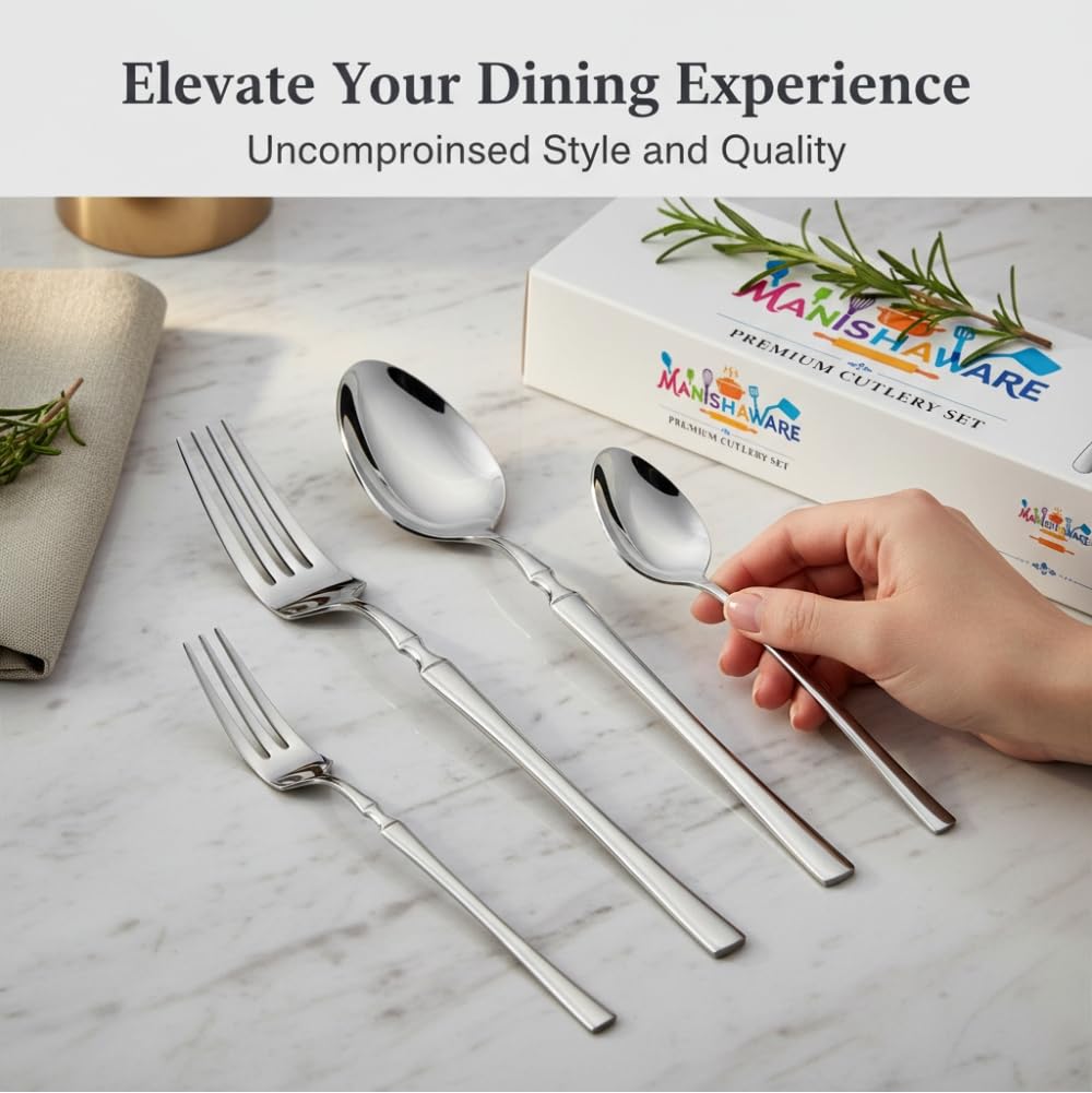 MANISHAWARE 12 Pcs Silver Stainless Steel Spoon Fork Set for Kitchen | 3 Dinner Spoons, 3 Dinner Forks, 3 Dessert Spoons & 3 Fruit ForksPerfect Spoon Fork Set for Kitchen)