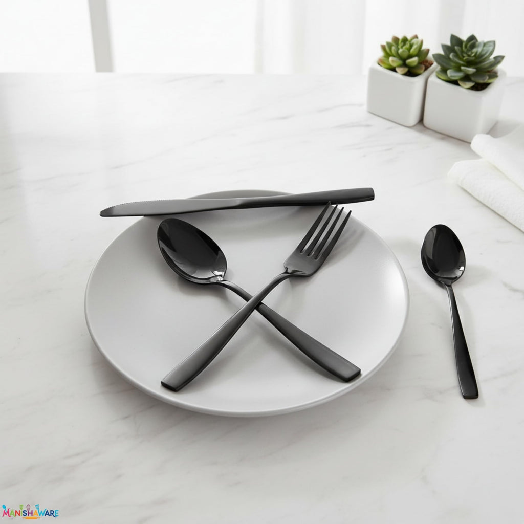Manishaware Mirror Polished Black 8 Pcs Stainless Steel Cutlery Set for Dining Table, Dishwasher Safe Glossy Flatware (2 spoon set + 2 forks set + 2 Butter knife + 2 Dessert Spoon)