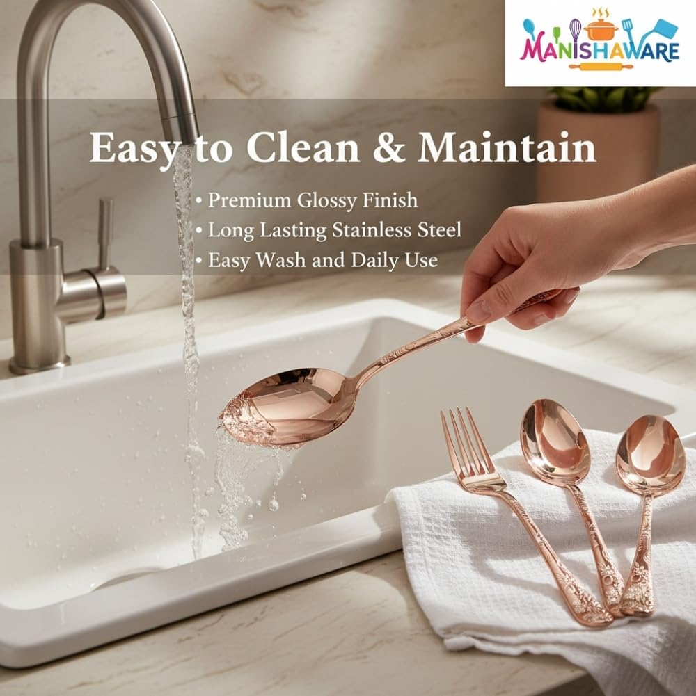 Manishaware Classic Rose Gold 12 Pcs Stainless Steel Cutlery Set for Dining Table, Dishwasher Safe Glossy Flatware