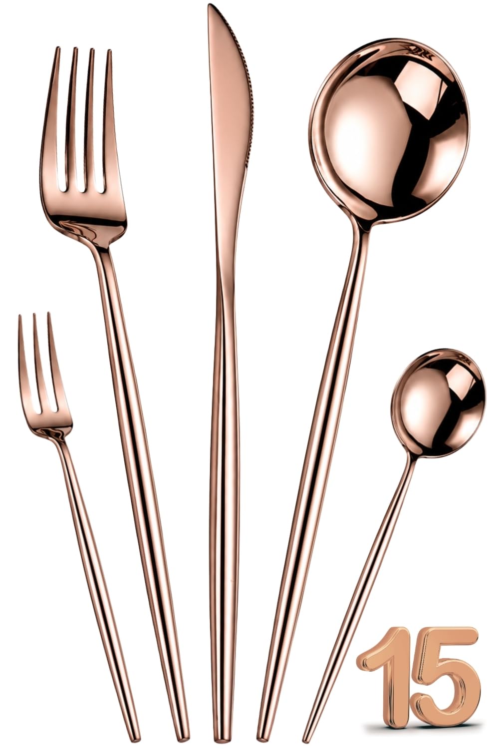 Manishaware Slim Handle Rose Gold 15 Pcs Stainless Steel Cutlery Set for Dining Table, Dishwasher Safe Glossy Flatware (3 spoon set+3 forks set+3 Butter knife+3 Dessert Spoon+ 3 Fruit Fork)