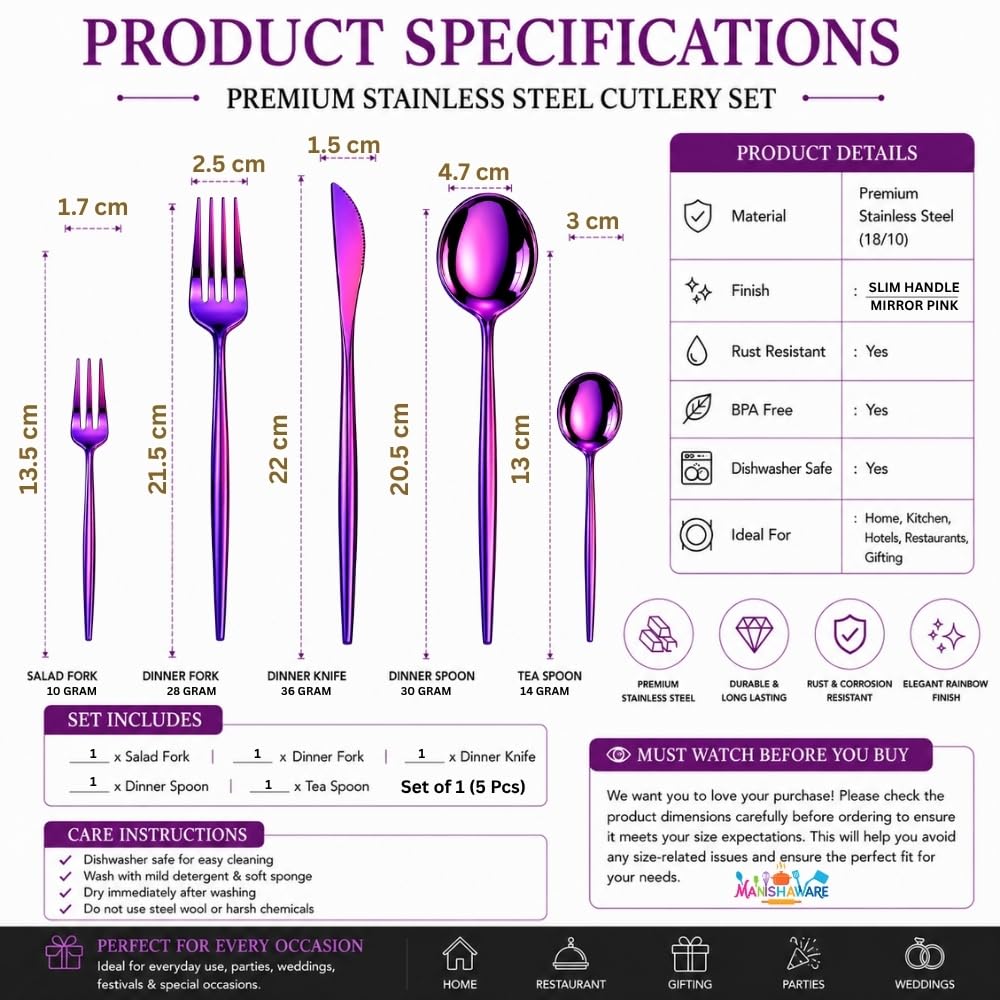 Pink Slim stainless steel premium cutlery set, 25 Pcs, a perfect wedding, housewarming, corporate and festival gift