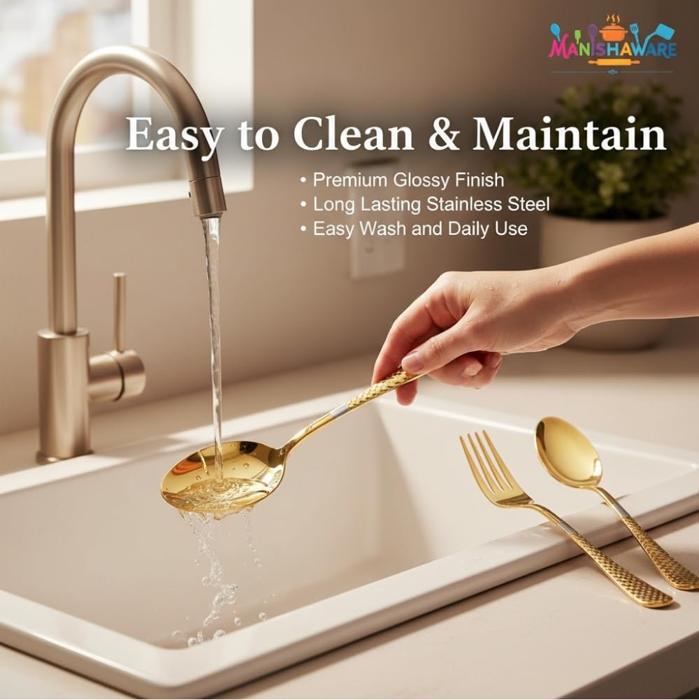 Manishaware Classic Gold 16 Pcs Stainless Steel Cutlery Set for Dining Table, Dishwasher Safe Glossy Flatware (Perfect Spoon Fork Set)