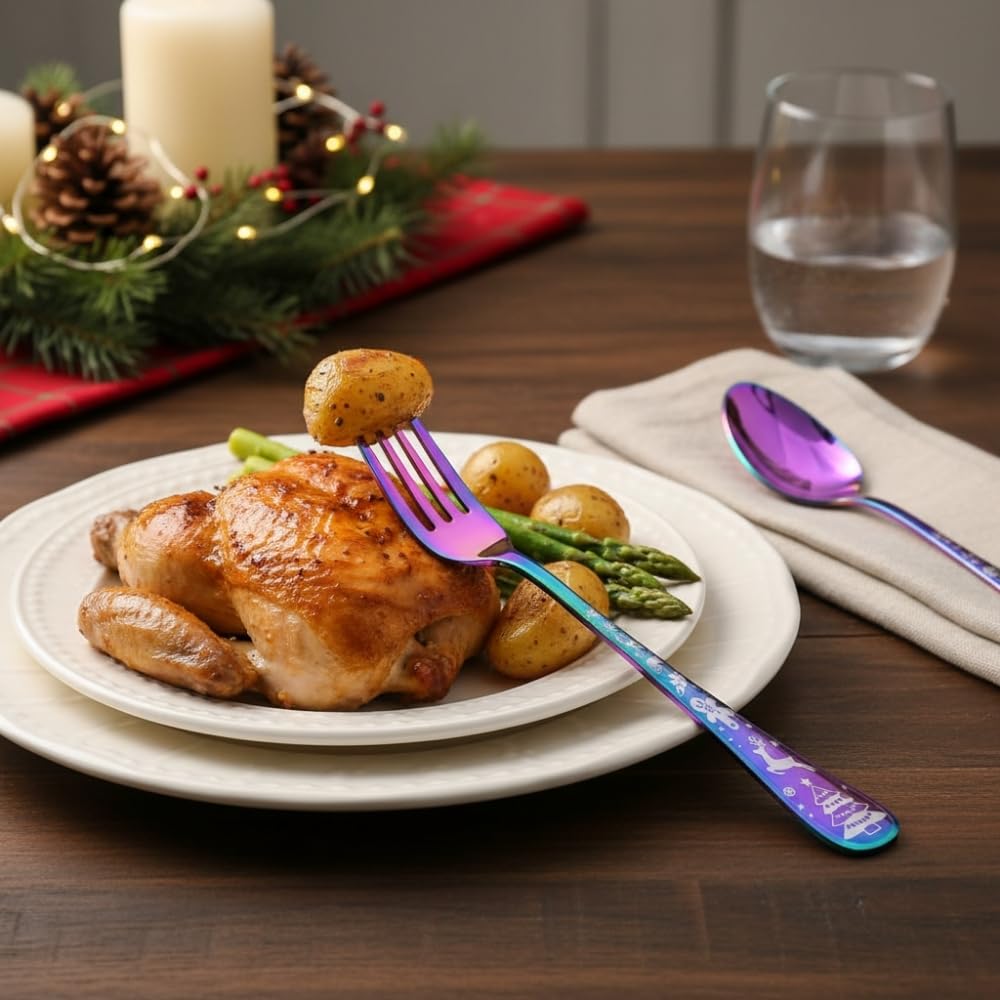 Manishaware 24 Pcs RAINBOW Christmas Stainless Dinner Steel Fork set for Kitchen or Dining Table