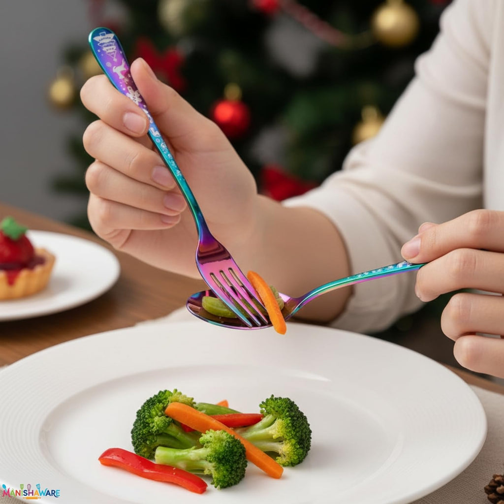 Manishaware Christmas Rainbow 15 Pcs Stainless Steel Cutlery Set for Dining Table, Dishwasher Safe Glossy Flatware (3 spoon set+3 forks set+3 Butter knife+3 Dessert Spoon+ 3 Fruit Fork)