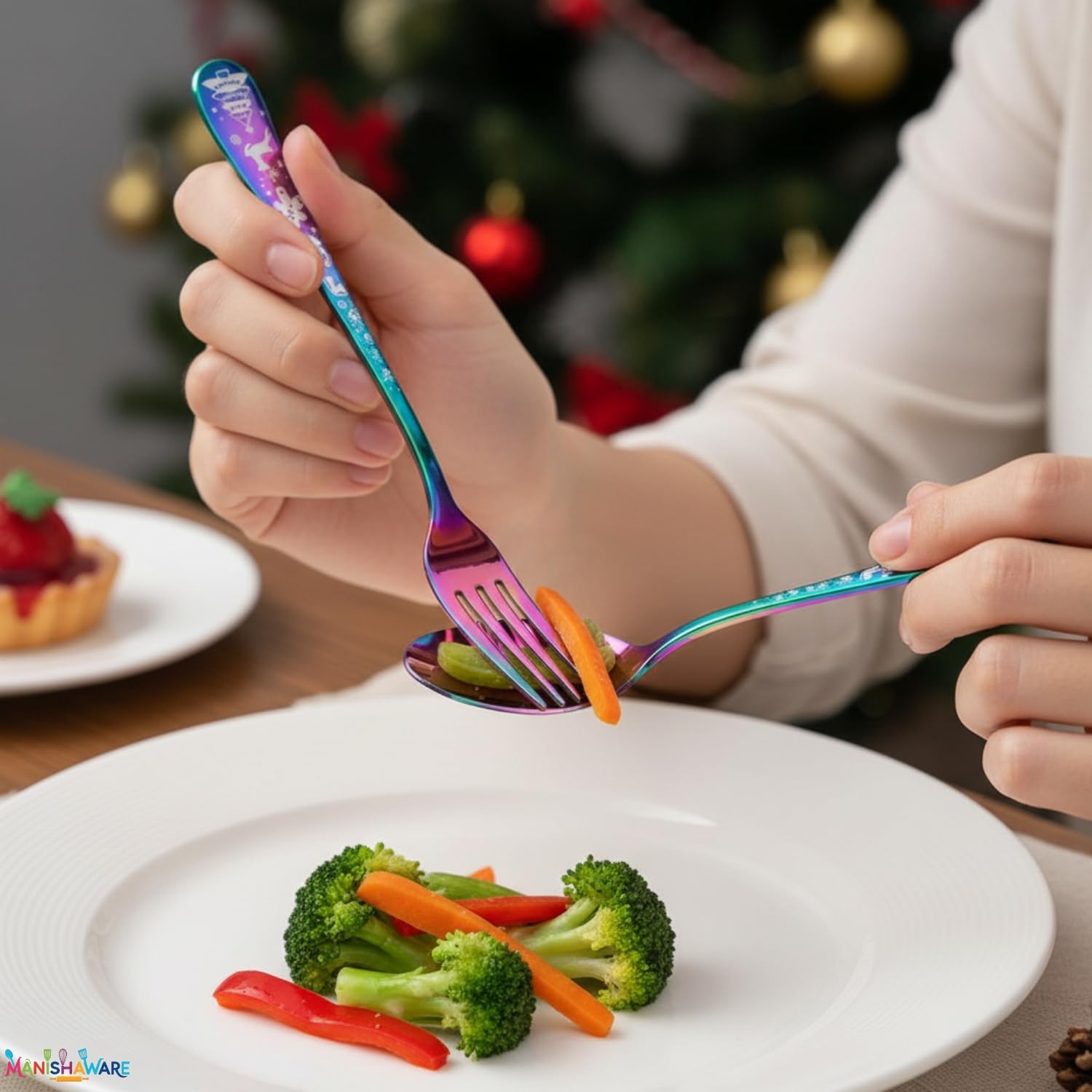 Manishaware Christmas Rainbow 15 Pcs Stainless Steel Cutlery Set for Dining Table, Dishwasher Safe Glossy Flatware (3 spoon set+3 forks set+3 Butter knife+3 Dessert Spoon+ 3 Fruit Fork)