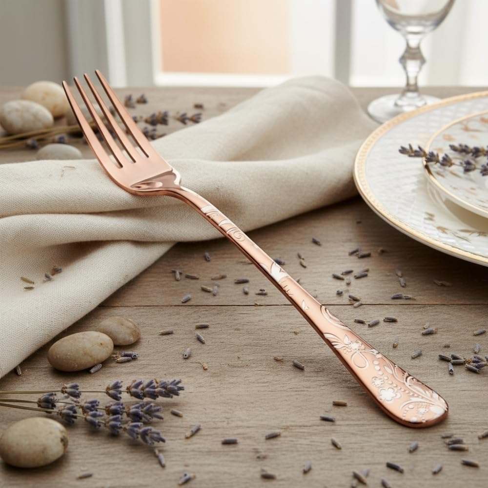 Manishaware 24 Pcs ROSEGOLD Floral Stainless Dinner Steel Fork set for Kitchen or Dining Table