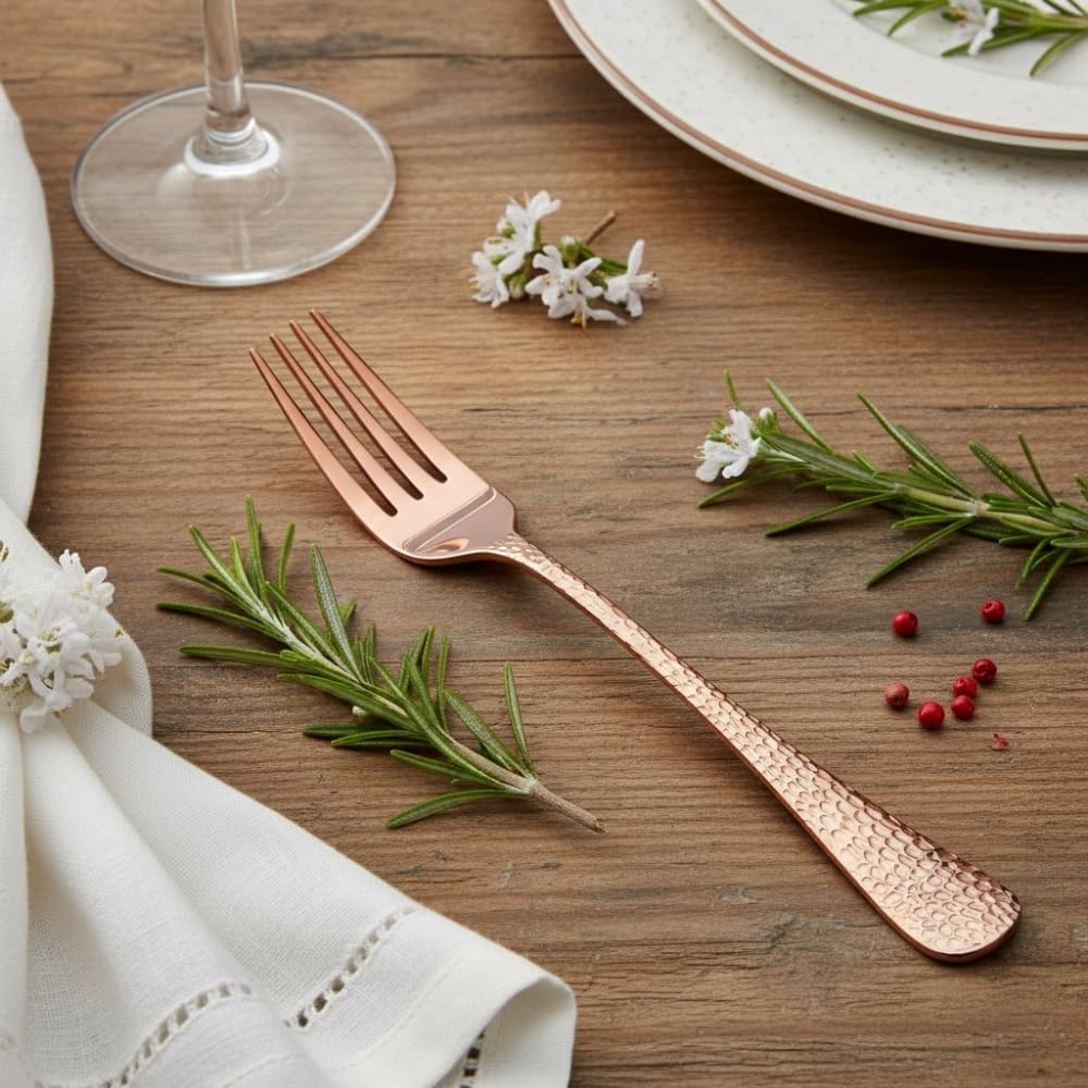 Rose Gold Hammer fork set, rust resistant stainless steel, a perfect wedding, housewarming, corporate and festival gift
