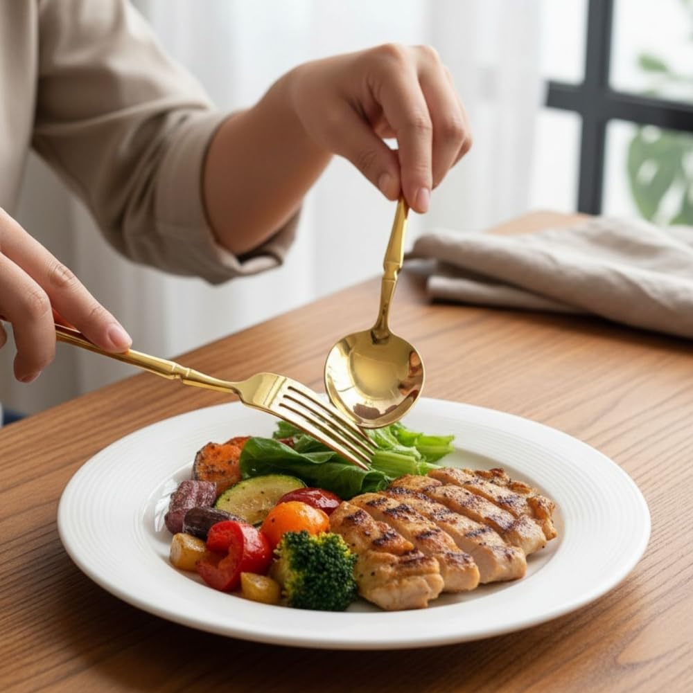 Manishaware Classic Gold 12 Pcs Stainless Steel Cutlery Set for Dining Table, Dishwasher Safe Glossy Flatware