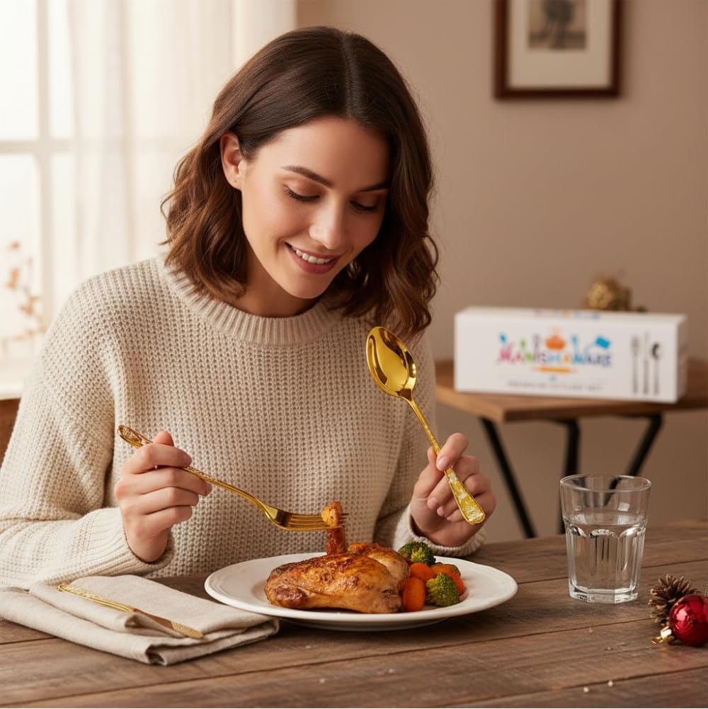 Manishaware Classic Gold 12 Pcs Stainless Steel Cutlery Set for Dining Table, Dishwasher Safe Glossy Flatware