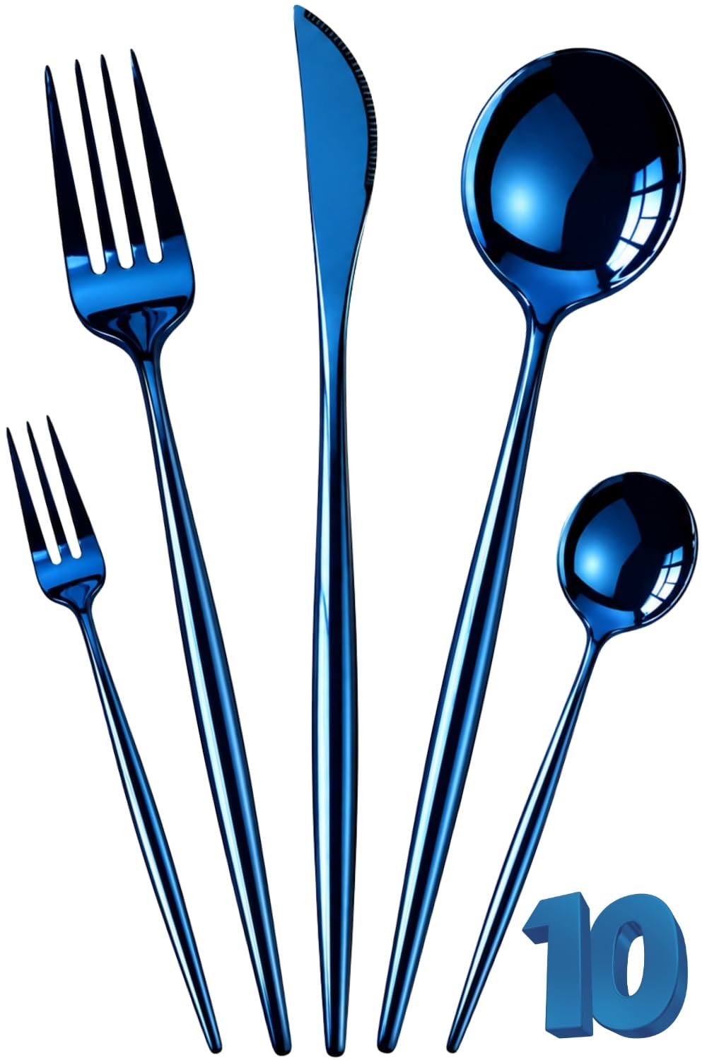 Manishaware Slim Handle Blue 10 Pcs Stainless Steel Cutlery Set for Dining Table, Dishwasher Safe Glossy Flatware (2 spoon set+2 forks set+2 Butter knife+2 Dessert Spoon+ 2 Fruit Fork)