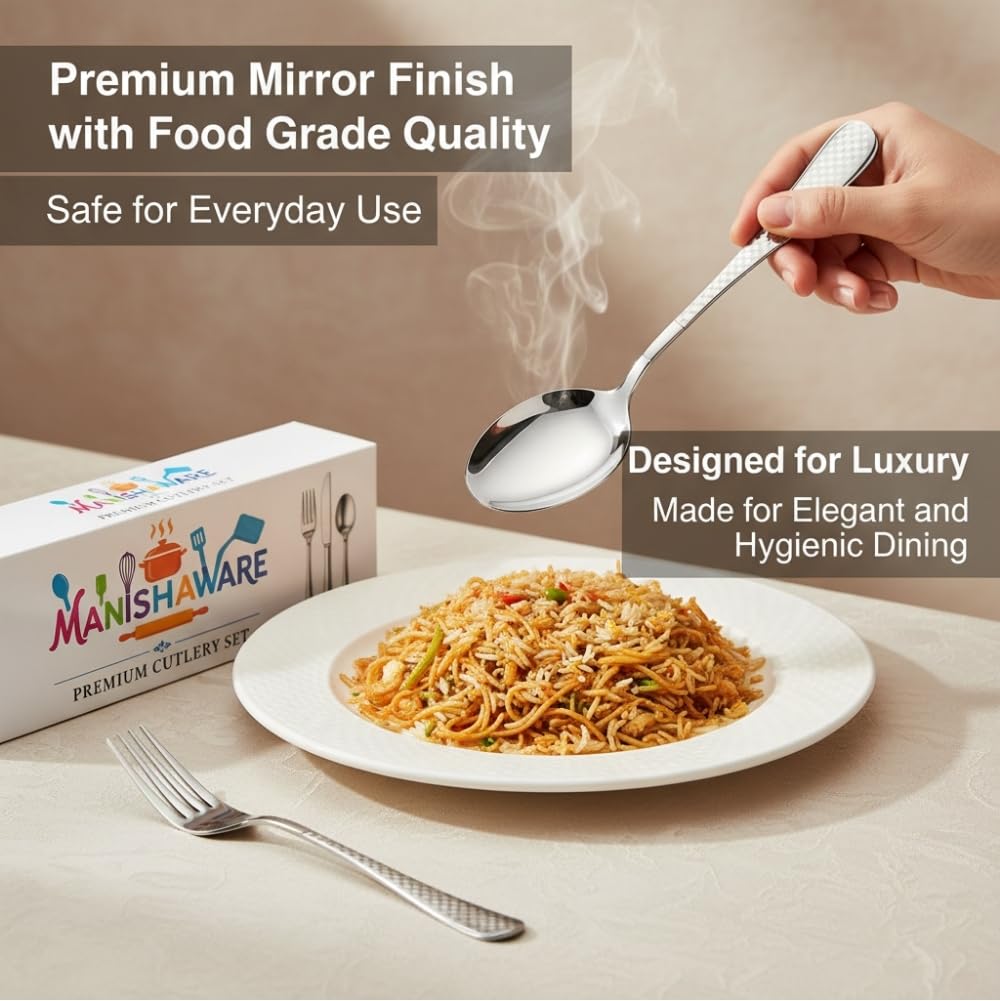 Manishaware Classic Silver 20 Pcs Stainless Steel Cutlery Set for Dining Table, Dishwasher Safe Glossy Flatware (Perfect Spoon Fork Set)