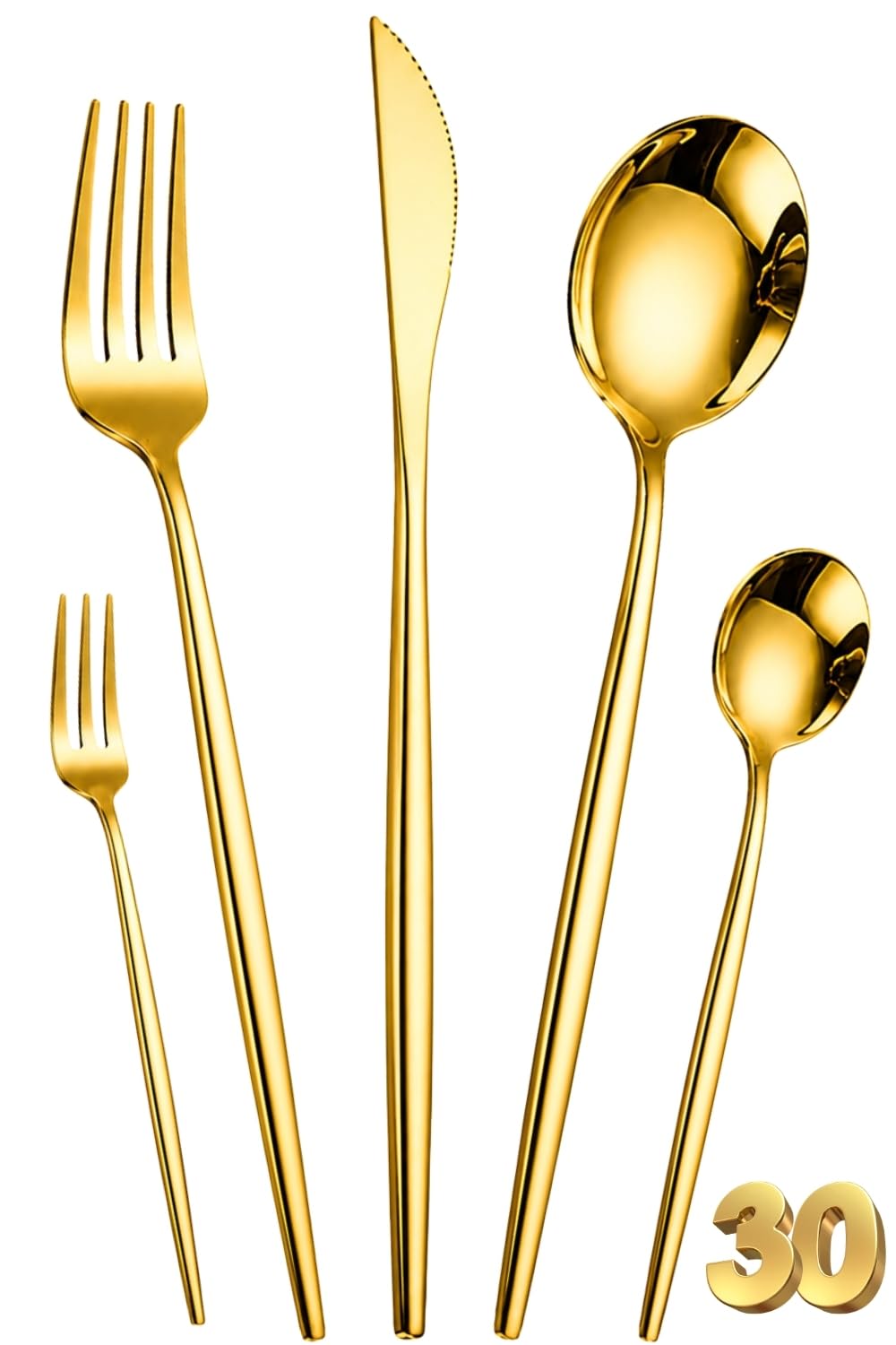 Manishaware Slim Handle Gold 30 Pcs Stainless Steel Cutlery Set for Dining Table, Dishwasher Safe Glossy Flatware (6 spoon set+6 forks set+6 Butter knife+6 Dessert Spoon+ 6 Fruit Fork)