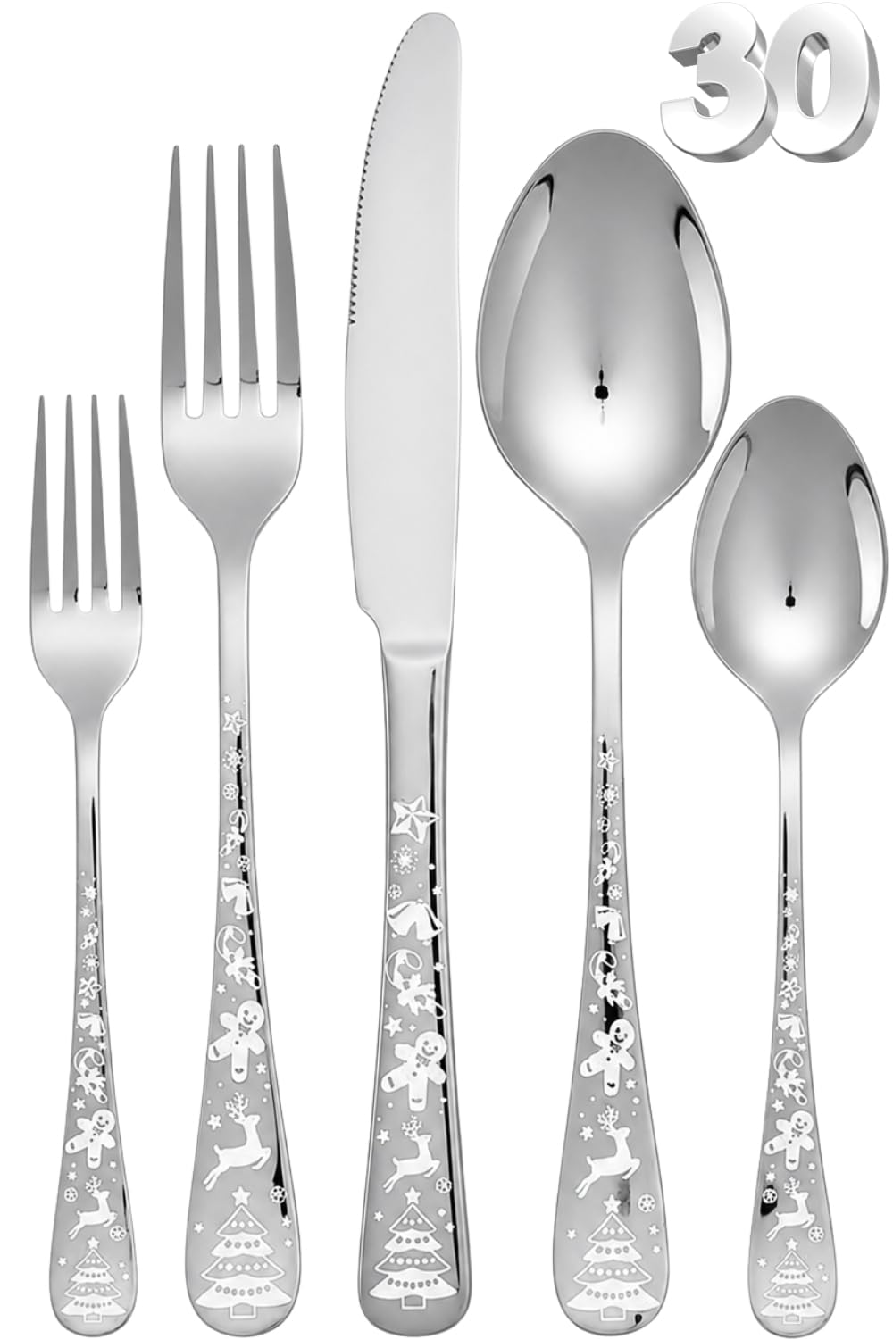 Manishaware Christmas Silver 30 Pcs Stainless Steel Cutlery Set for Dining Table, Dishwasher Safe Glossy Flatware (6 spoon set+6 forks set+6 Butter knife+6 Dessert Spoon+ 6 Fruit Fork)