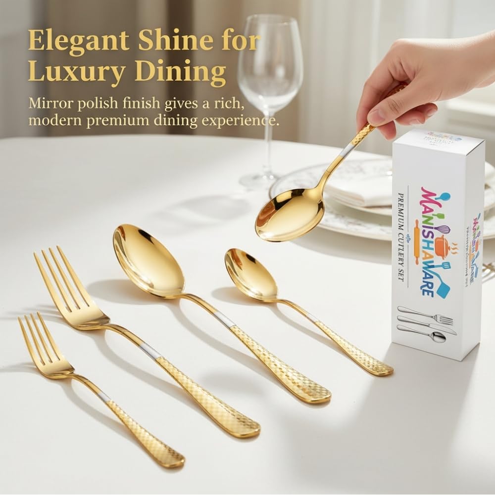 Manishaware Classic Gold 16 Pcs Stainless Steel Cutlery Set for Dining Table, Dishwasher Safe Glossy Flatware (Perfect Spoon Fork Set)