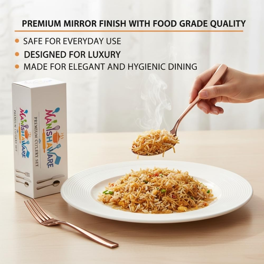 Manishaware Classic Rose Gold 20 Pcs Stainless Steel Cutlery Set for Dining Table, Dishwasher Safe Glossy Flatware (Perfect Spoon Fork Set)
