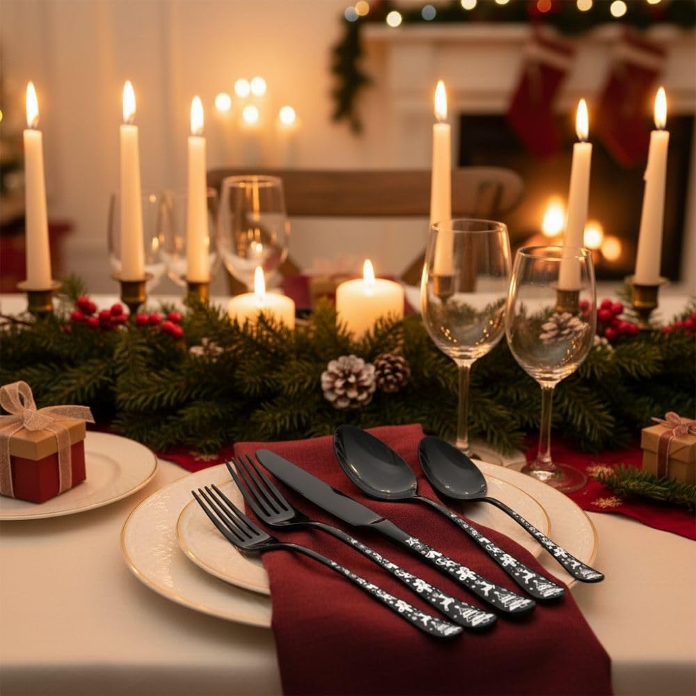 Manishaware Christmas 30 Pcs Stainless Steel Cutlery Set for Dining Table, Dishwasher Safe Glossy Flatware (6 spoon set+6 forks set+6 Butter knife+6 Dessert Spoon+ 6 Fruit Fork)