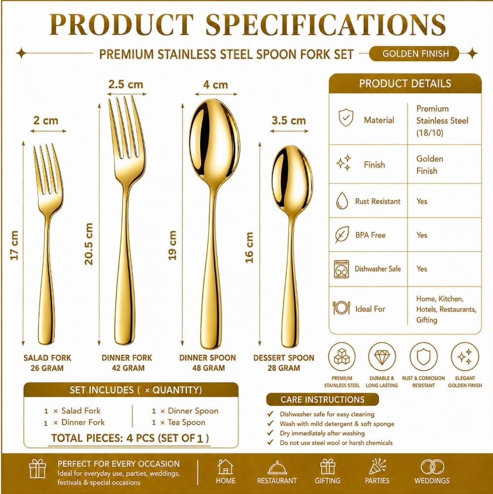 Manishaware Classic Stainless Steel Cutlery Set for Dining Table, Dishwasher Safe Glossy Flatware (Perfect Spoon Fork Set)