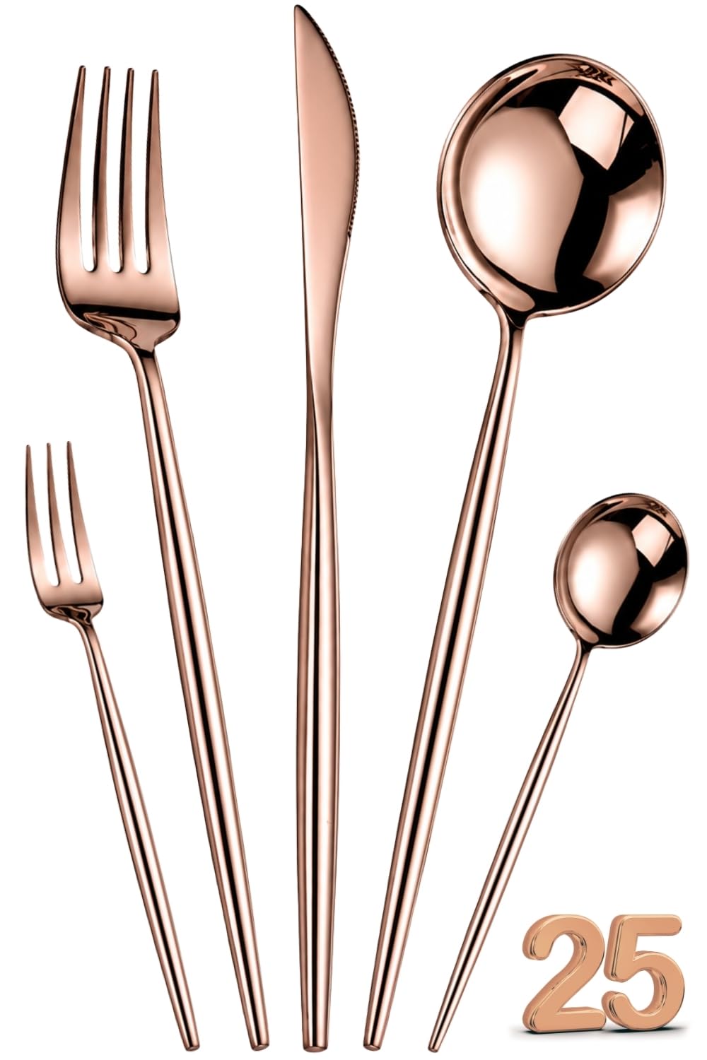 Manishaware Slim Handle Rose Gold 25 Pcs Stainless Steel Cutlery Set for Dining Table, Dishwasher Safe Glossy Flatware (5 spoon set+5 forks set+5 Butter knife+5 Dessert Spoon+5 Fruit Fork)
