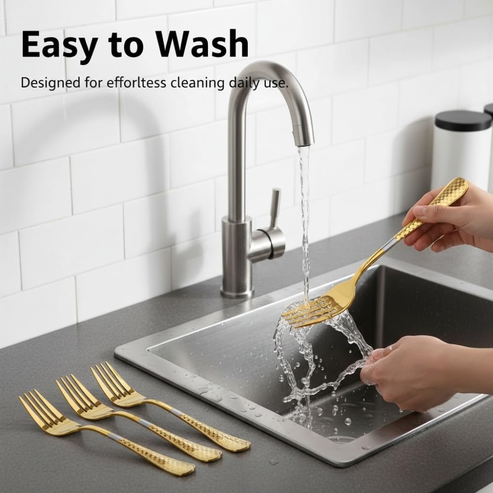 Manishaware 24 Pcs GOLD Checkered Stainless Dinner Steel Fork set for Kitchen or Dining Table