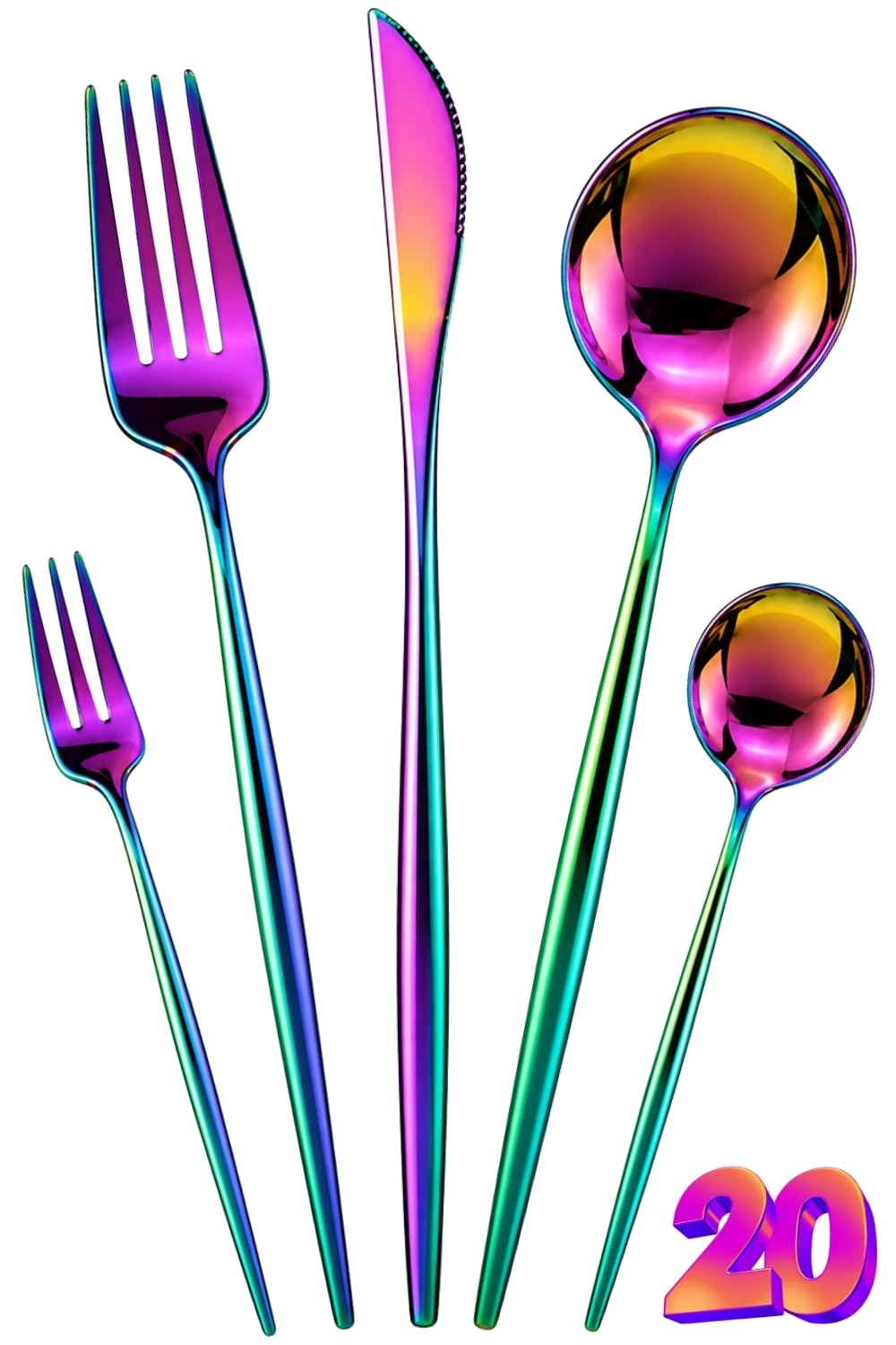 Manishaware Slim Handle Rainbow 20 Pcs Stainless Steel Cutlery Set for Dining Table, Dishwasher Safe Glossy Flatware (4 spoon set+4 forks set+4 Butter knife+4 Dessert Spoon+ 4 Fruit Fork)