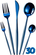 Manishaware Slim Handle Blue 30 Pcs Stainless Steel Cutlery Set for Dining Table, Dishwasher Safe Glossy Flatware (6 spoon set+6 forks set+6 Butter knife+6 Dessert Spoon+ 6 Fruit Fork)