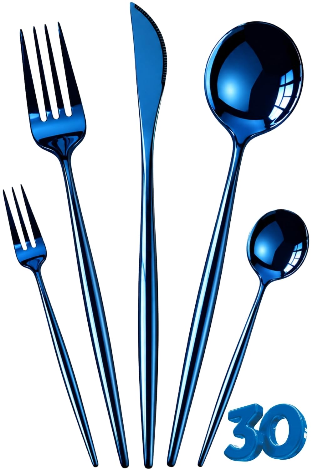 Manishaware Slim Handle Blue 30 Pcs Stainless Steel Cutlery Set for Dining Table, Dishwasher Safe Glossy Flatware (6 spoon set+6 forks set+6 Butter knife+6 Dessert Spoon+ 6 Fruit Fork)