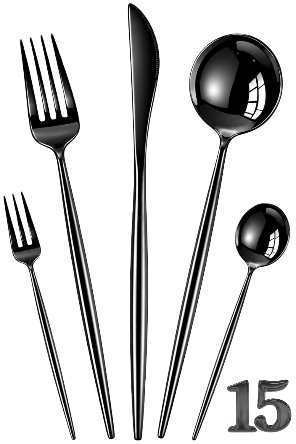 Manishaware Slim Handle Black 15 Pcs Stainless Steel Cutlery Set for Dining Table, Dishwasher Safe Glossy Flatware (3 spoon set+3 forks set+3 Butter knife+3 Dessert Spoon+ 3 Fruit Fork)