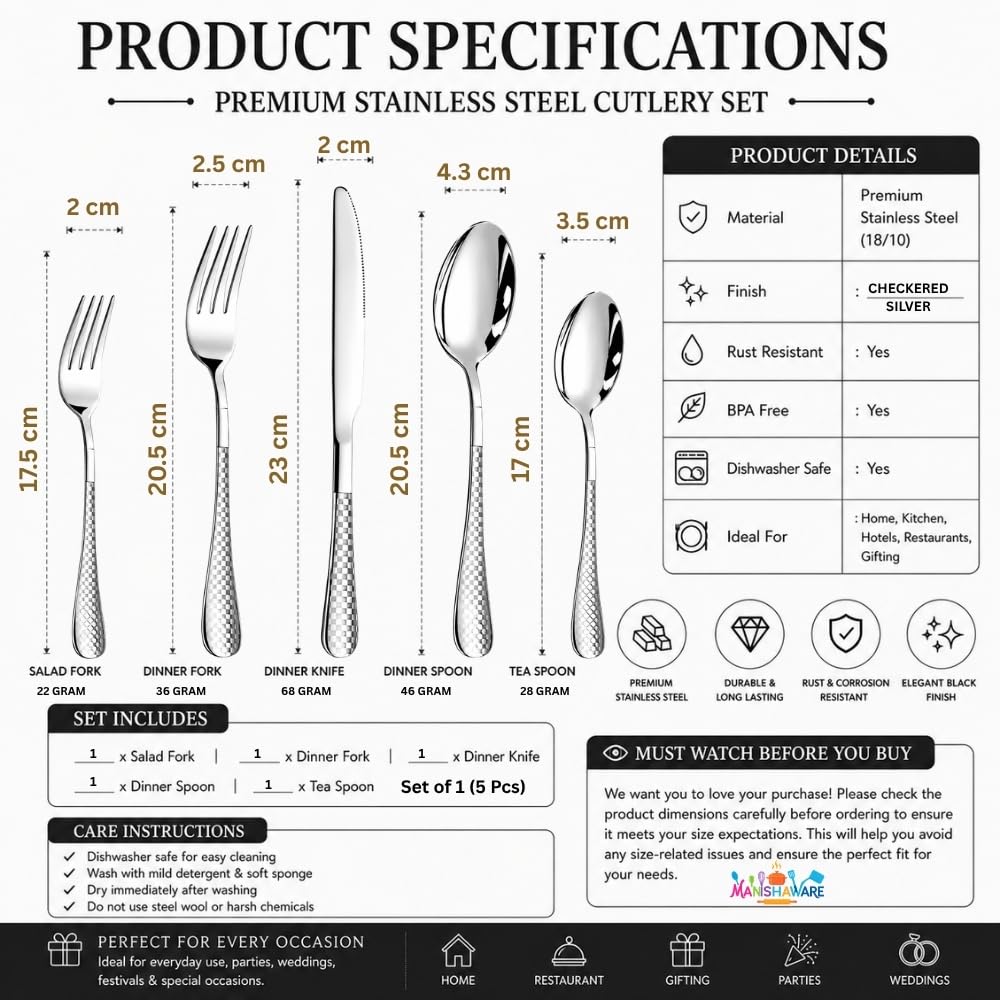 Manishaware Checkered Stainless Steel Cutlery Set for Dining Table, Dishwasher Safe Glossy Flatware (4 spoon set+4 forks set+4 Butter knife+4 Dessert Spoon+ 4 Fruit Fork)