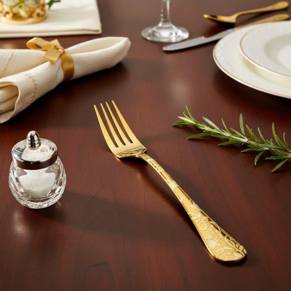 Gold Floral fork set, rust resistant stainless steel, a perfect wedding, housewarming, corporate and festival gift
