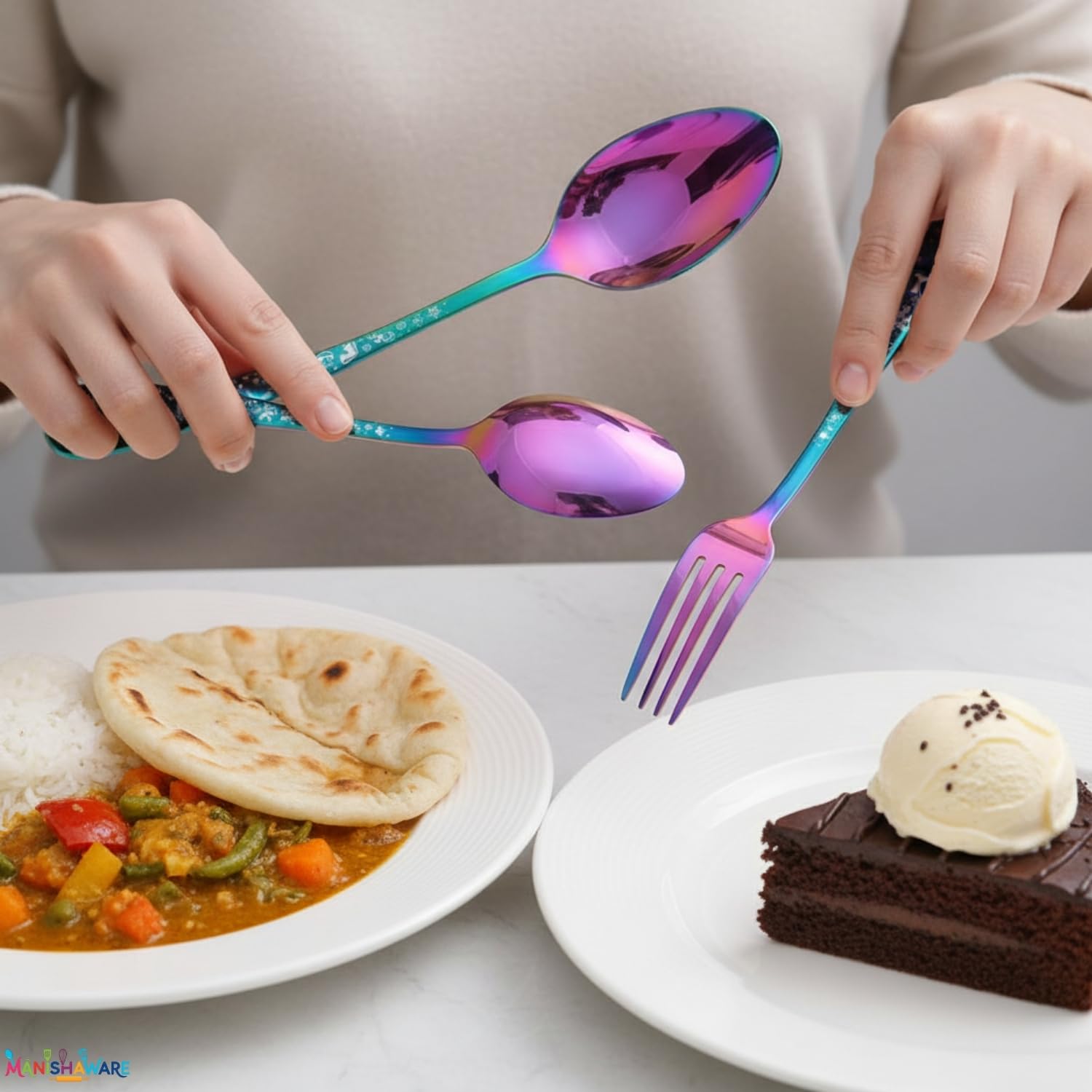 Manishaware Christmas Rainbow 5 Pcs Stainless Steel Cutlery Set for Dining Table, Dishwasher Safe Glossy Flatware (1 spoon set+1 forks set+1 Butter knife+1 Dessert Spoon+ 1 Fruit Fork)
