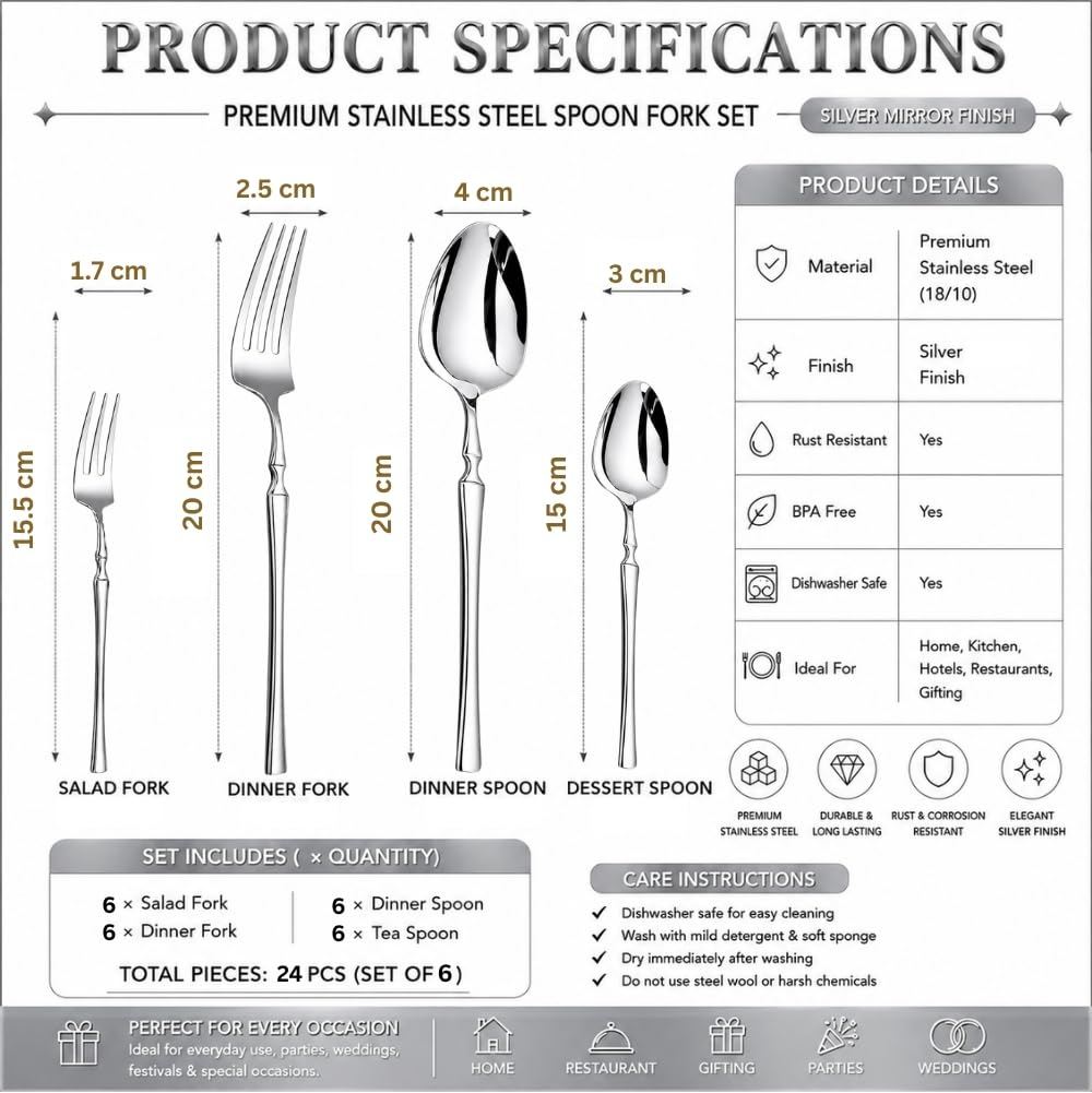 MANISHAWARE 24 Pieces Silver Stainless Steel Cutlery Set for Dining Table | 6 Dinner Spoons, 6 Dinner Forks, 6 Dessert Spoons & 6 Fruit Forks (Perfect Spoon Fork Set for Kitchen)