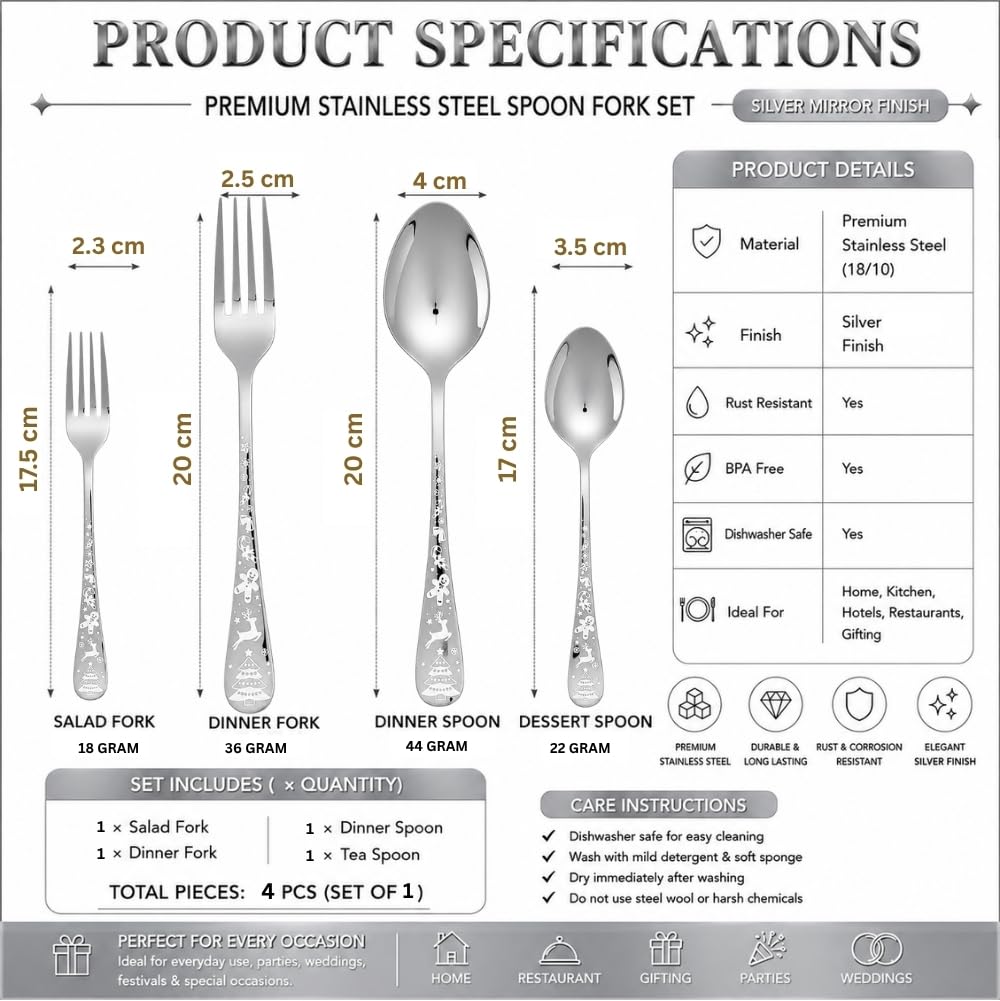 Manishaware Classic Stainless Steel Cutlery Set for Dining Table, Dishwasher Safe Glossy Flatware (Perfect Spoon Fork Set)