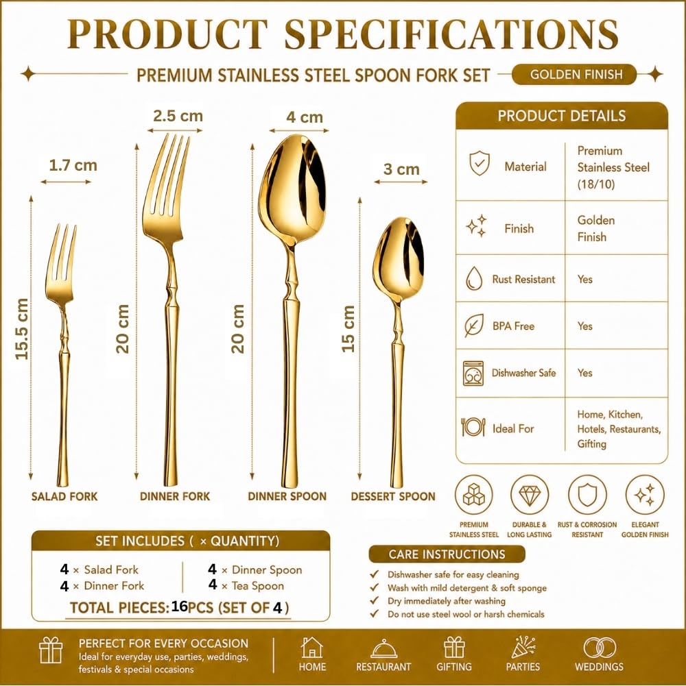 Manishaware Classic Gold 16 Pcs Stainless Steel Cutlery Set for Dining Table, Dishwasher Safe Glossy Flatware (Perfect Spoon Fork Set)