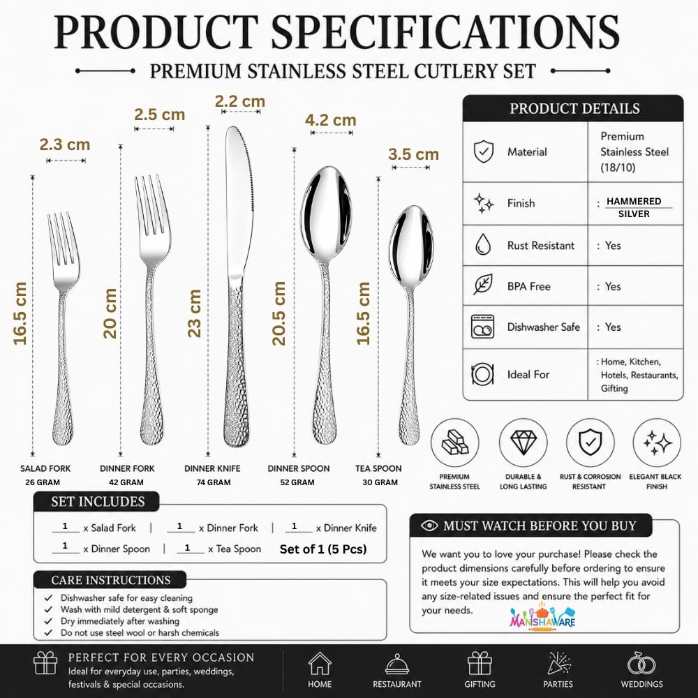 Manishaware Hammered Stainless Steel Cutlery Set for Dining Table, Dishwasher Safe Glossy Flatware (4 spoon set+4 forks set+4 Butter knife+4 Dessert Spoon+ 4 Fruit Fork)