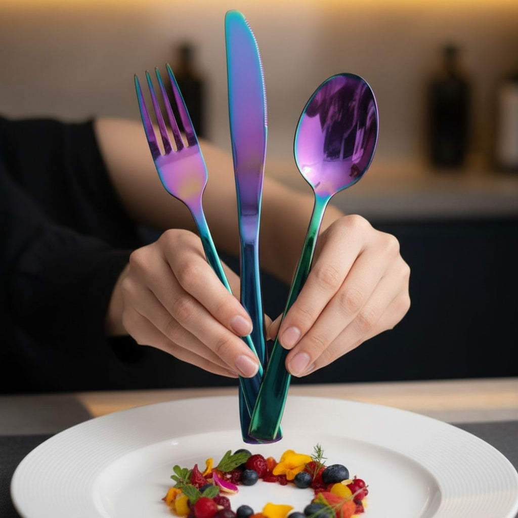 Manishaware Mirror Polished Rainbow 12 Pcs Stainless Steel Cutlery Set for Dining Table, Dishwasher Safe Glossy Flatware (3 spoon set + 3 forks set + 3 Butter knife + 3 Dessert Spoon)