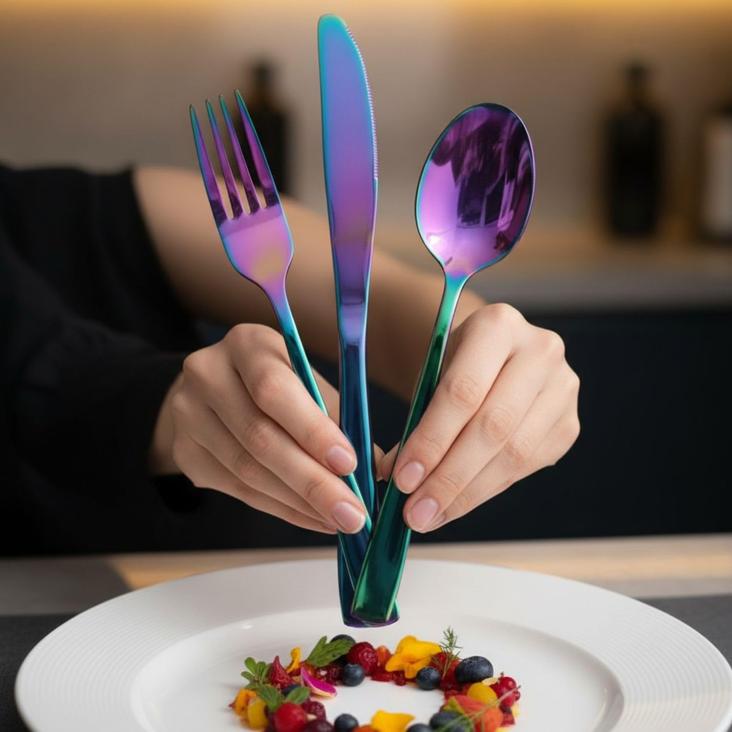 Manishaware Mirror Polished Rainbow 12 Pcs Stainless Steel Cutlery Set for Dining Table, Dishwasher Safe Glossy Flatware (3 spoon set + 3 forks set + 3 Butter knife + 3 Dessert Spoon)