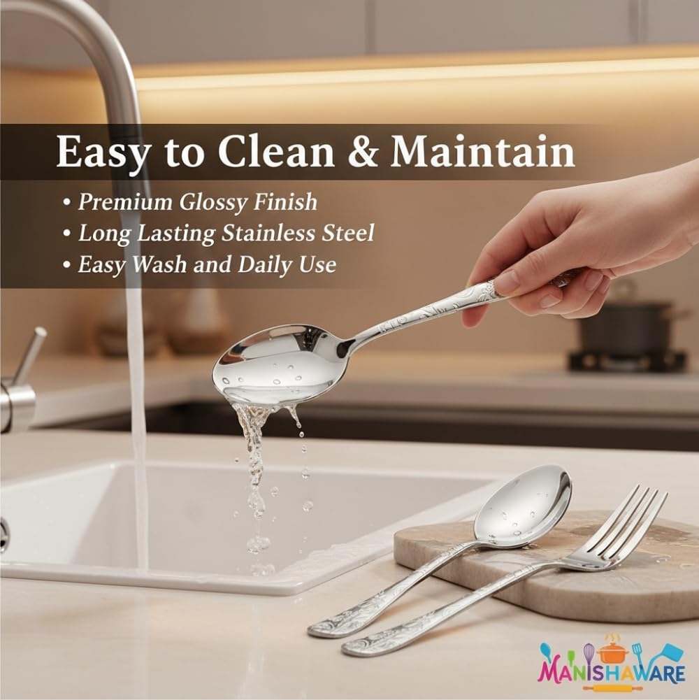 Manishaware Classic Stainless Steel Cutlery Set for Dining Table, Dishwasher Safe Glossy Flatware (Perfect Spoon Fork Set)
