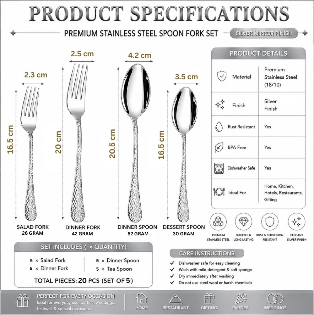 Manishaware Classic Silver 20 Pcs Stainless Steel Cutlery Set for Dining Table, Dishwasher Safe Glossy Flatware (Perfect Spoon Fork Set)