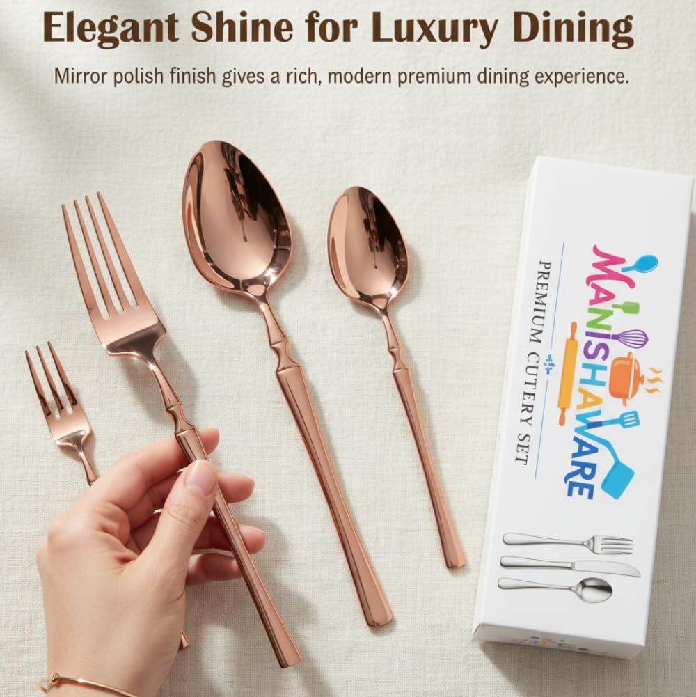 Manishaware Classic Rose Gold 12 Pcs Stainless Steel Cutlery Set for Dining Table, Dishwasher Safe Glossy Flatware