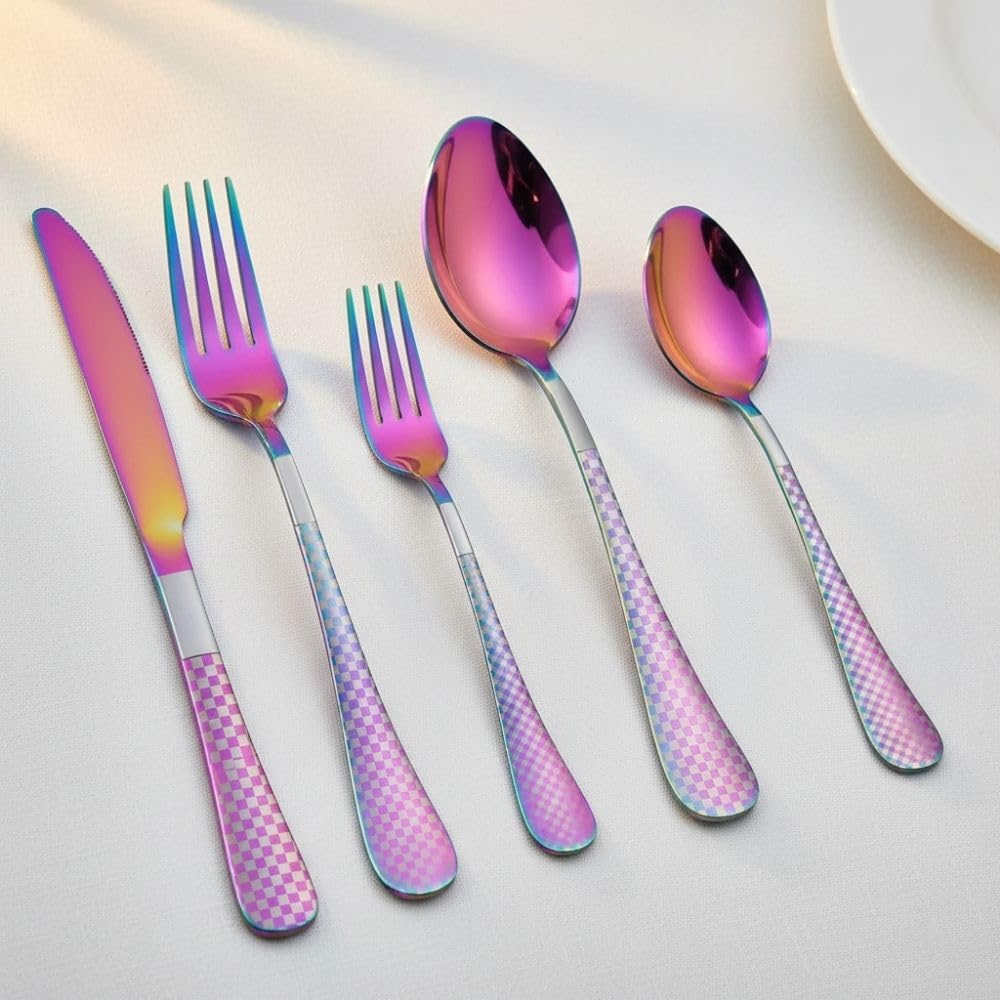 Manishaware Checkered 30 Pcs Stainless Steel Cutlery Set for Dining Table, Dishwasher Safe Glossy Flatware (6 spoon set+6 forks set+6 Butter knife+6 Dessert Spoon+ 6 Fruit Fork)