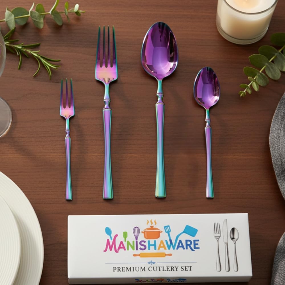 Manishaware Classic Rainbow 20 Pcs Stainless Steel Cutlery Set for Dining Table, Dishwasher Safe Glossy Flatware (Perfect Spoon Fork Set)