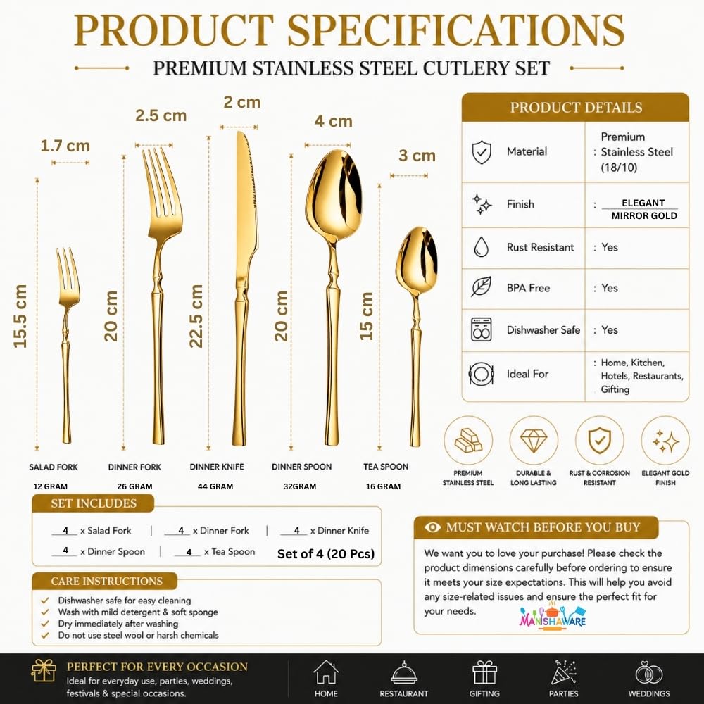 Manishaware Elegant Handle Gold 20 Pcs Heavy duty Stainless Steel Cutlery Set for Dining table (4 pcs spoon set+4 pcs forks set+4 pcs Butter knife+4 pcs Dessert Spoon+ 4 Pcs Fuit Fork for kitchen)