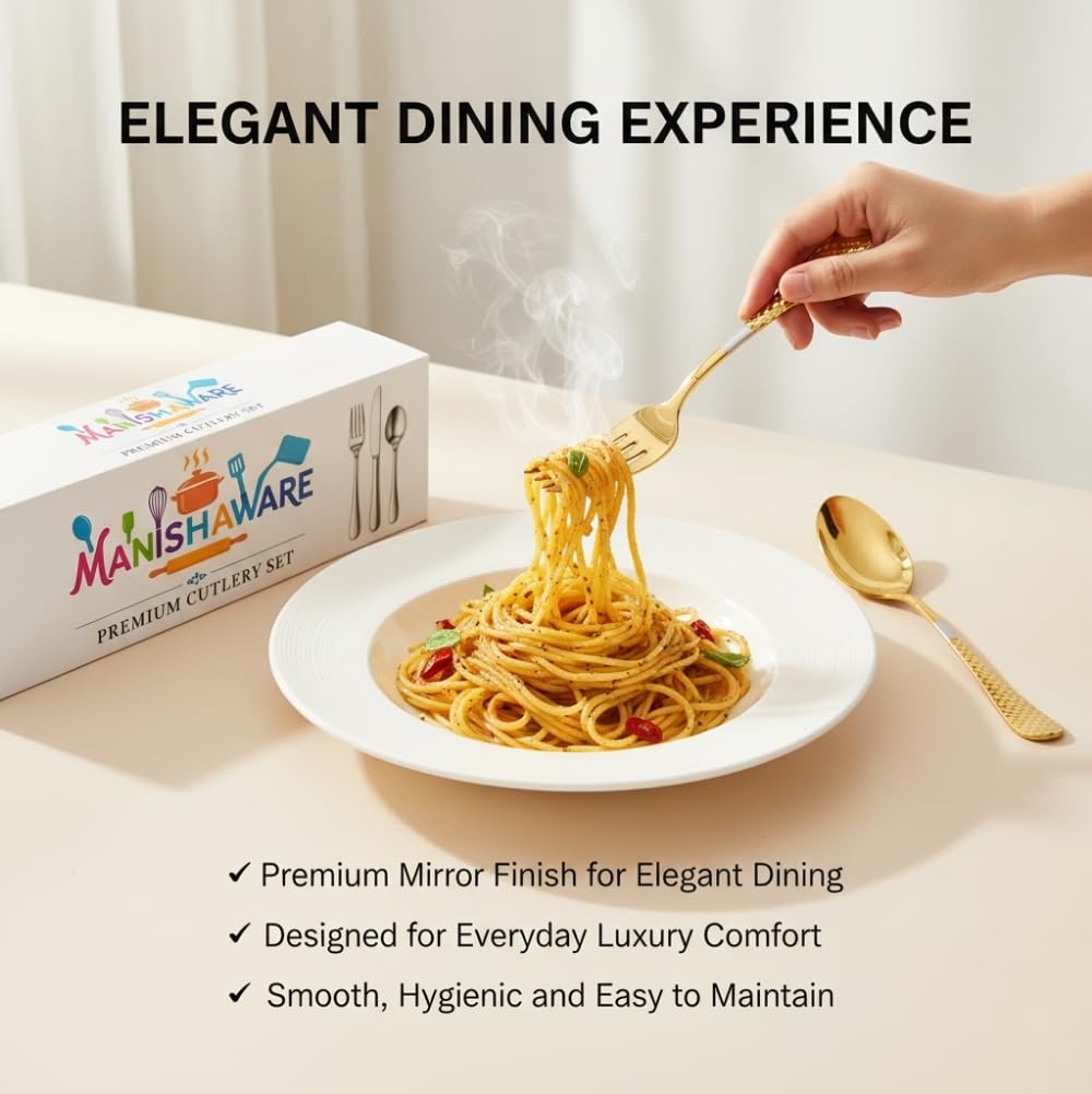 Manishaware Classic Gold 12 Pcs Stainless Steel Cutlery Set for Dining Table, Dishwasher Safe Glossy Flatware