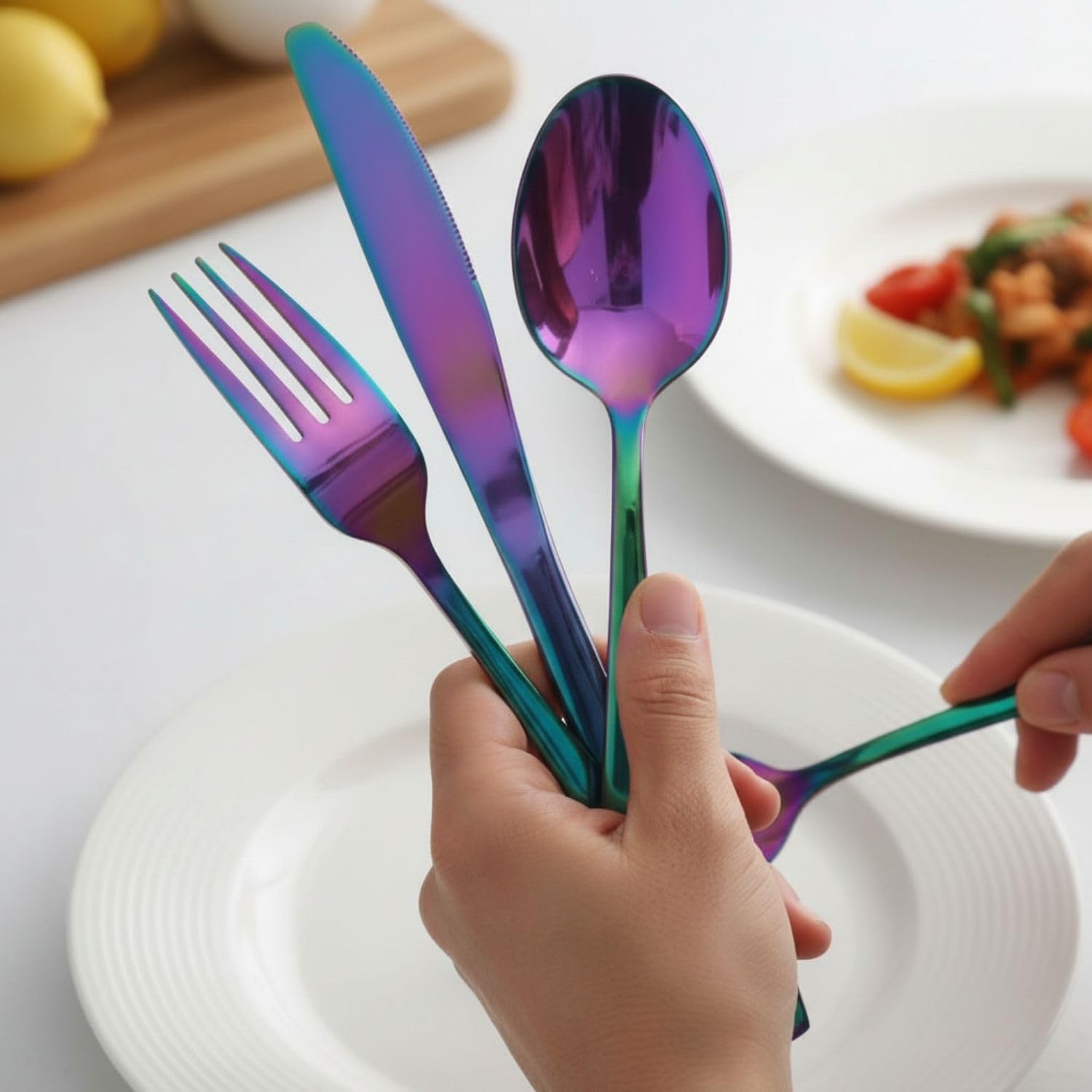 Manishaware Mirror Polished Rainbow 16 Pcs Stainless Steel Cutlery Set for Dining Table, Dishwasher Safe Glossy Flatware (4 spoon set + 4 forks set + 4 Butter knife + 4 Dessert Spoon)