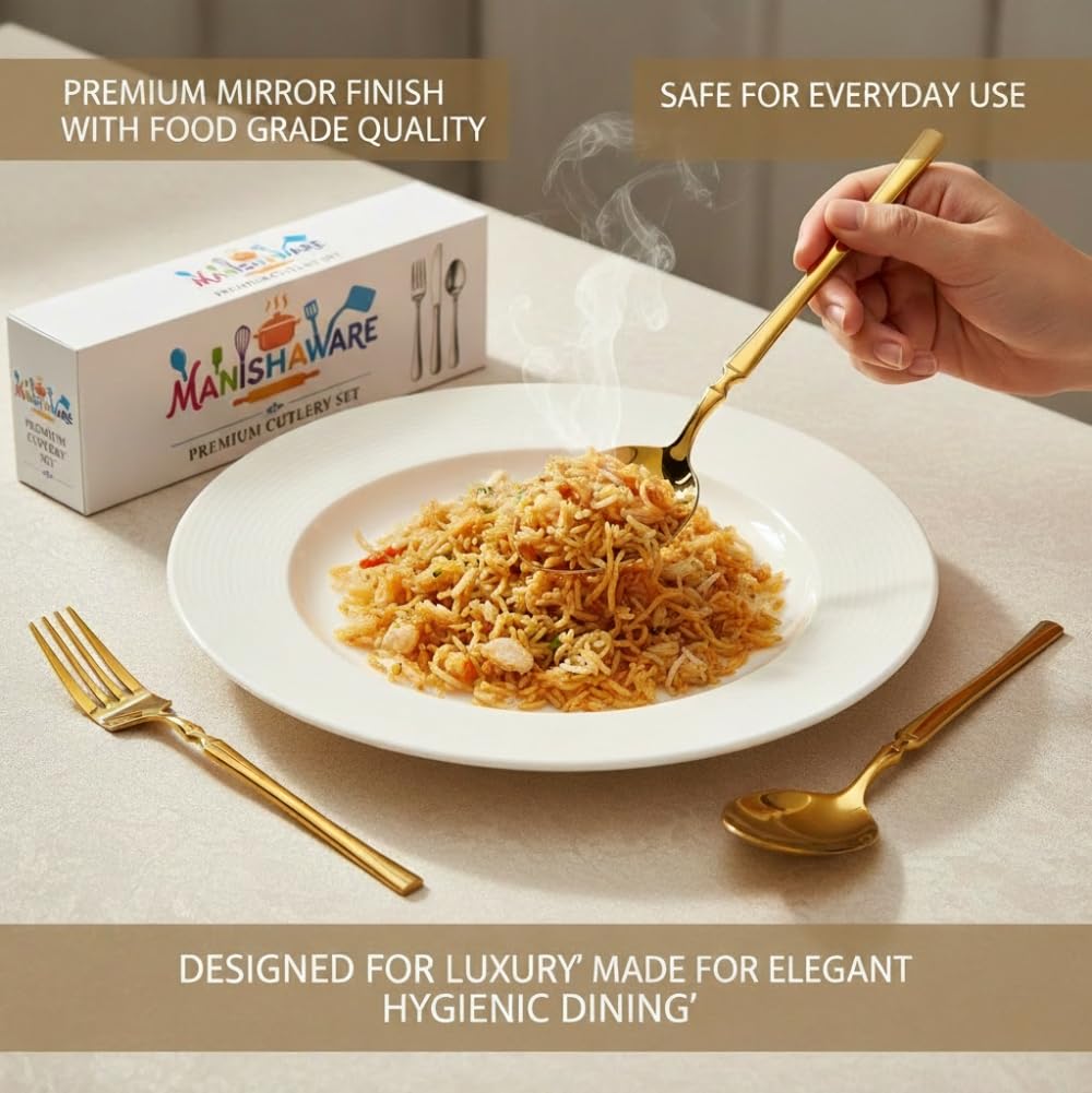 Manishaware Classic Gold 12 Pcs Stainless Steel Cutlery Set for Dining Table, Dishwasher Safe Glossy Flatware