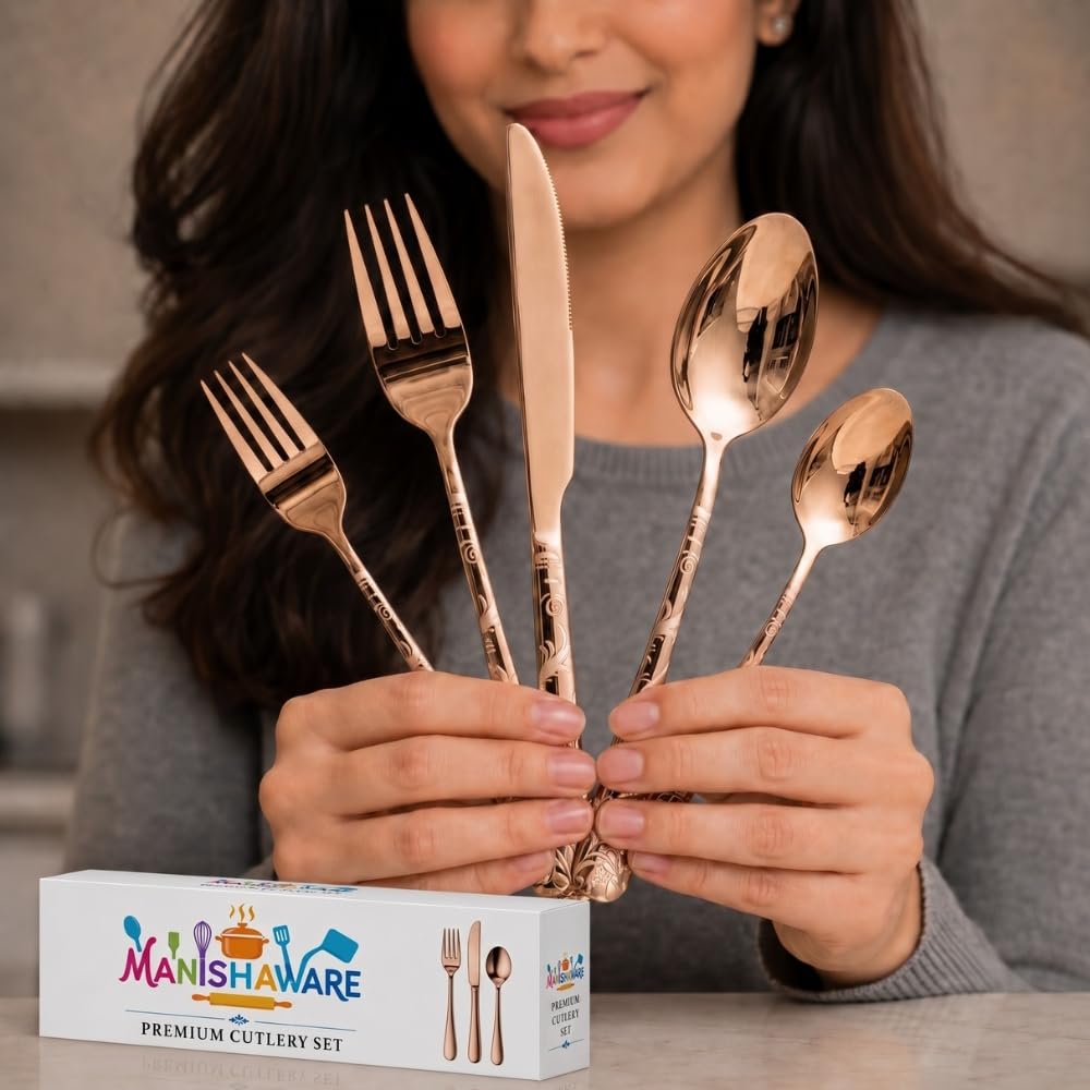 Manishaware Floral Rose Gold 10 Pcs Stainless Steel Cutlery Set for Dining Table, Dishwasher Safe Glossy Flatware (2 spoon set+2 forks set+2 Butter knife+2 Dessert Spoon+ 2 FruitFork)