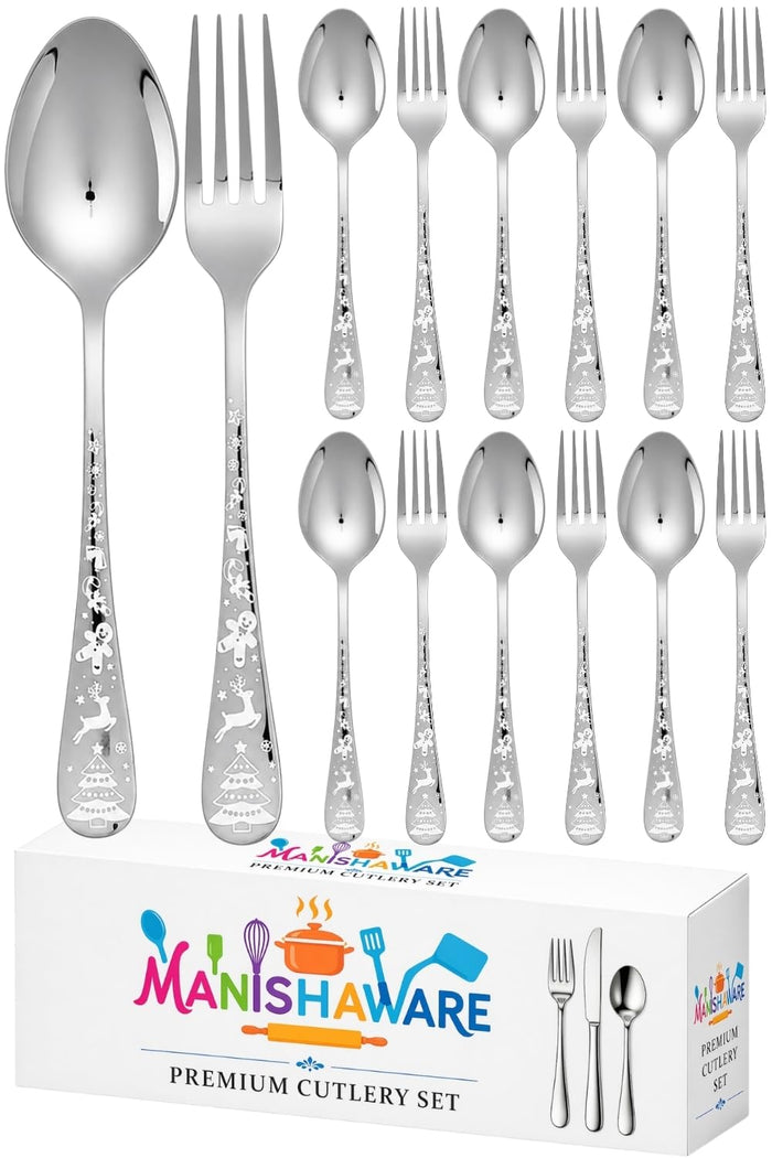 Silver Fork & Spoon Set Festive Design