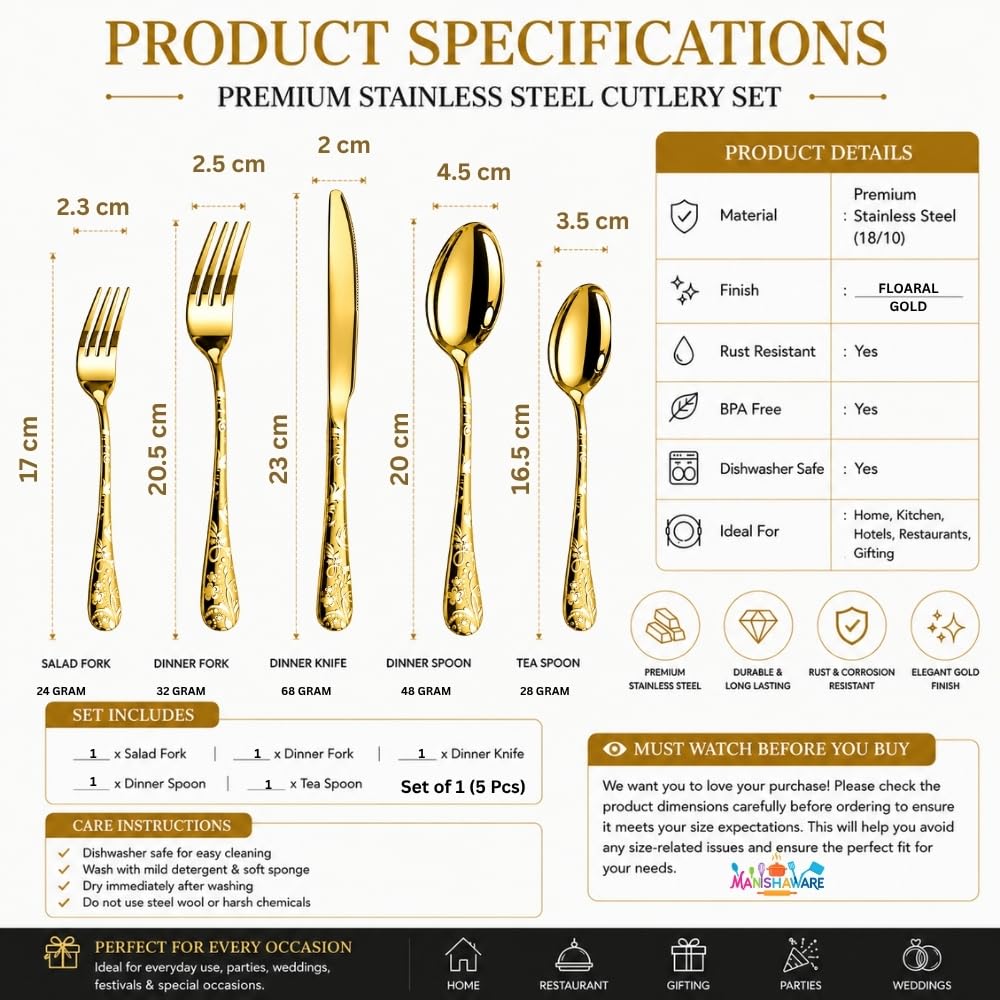 Manishaware Floral Stainless Steel Cutlery Set for Dining Table, Dishwasher Safe Glossy Flatware (4 spoon set+4 forks set+4 Butter knife+4 Dessert Spoon+ 4 FruitFork)